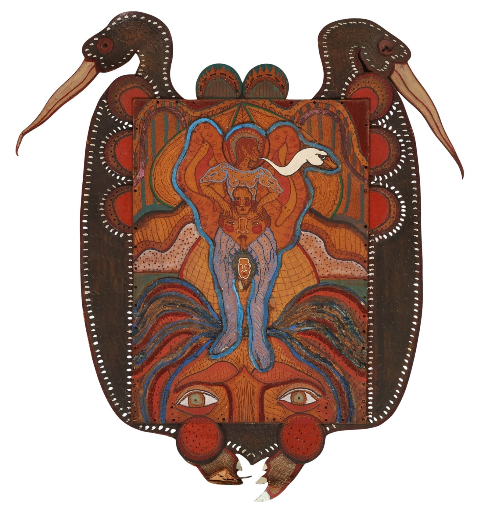 Martin Laborde b.1943 Leather Wall Plaque Painting: Marin Laborbe (American, born 1943), painted leather figural wall panel depicting a complex surreal composition with a central anthropomorphic figure emerging from a stylized face, flanked by bird for