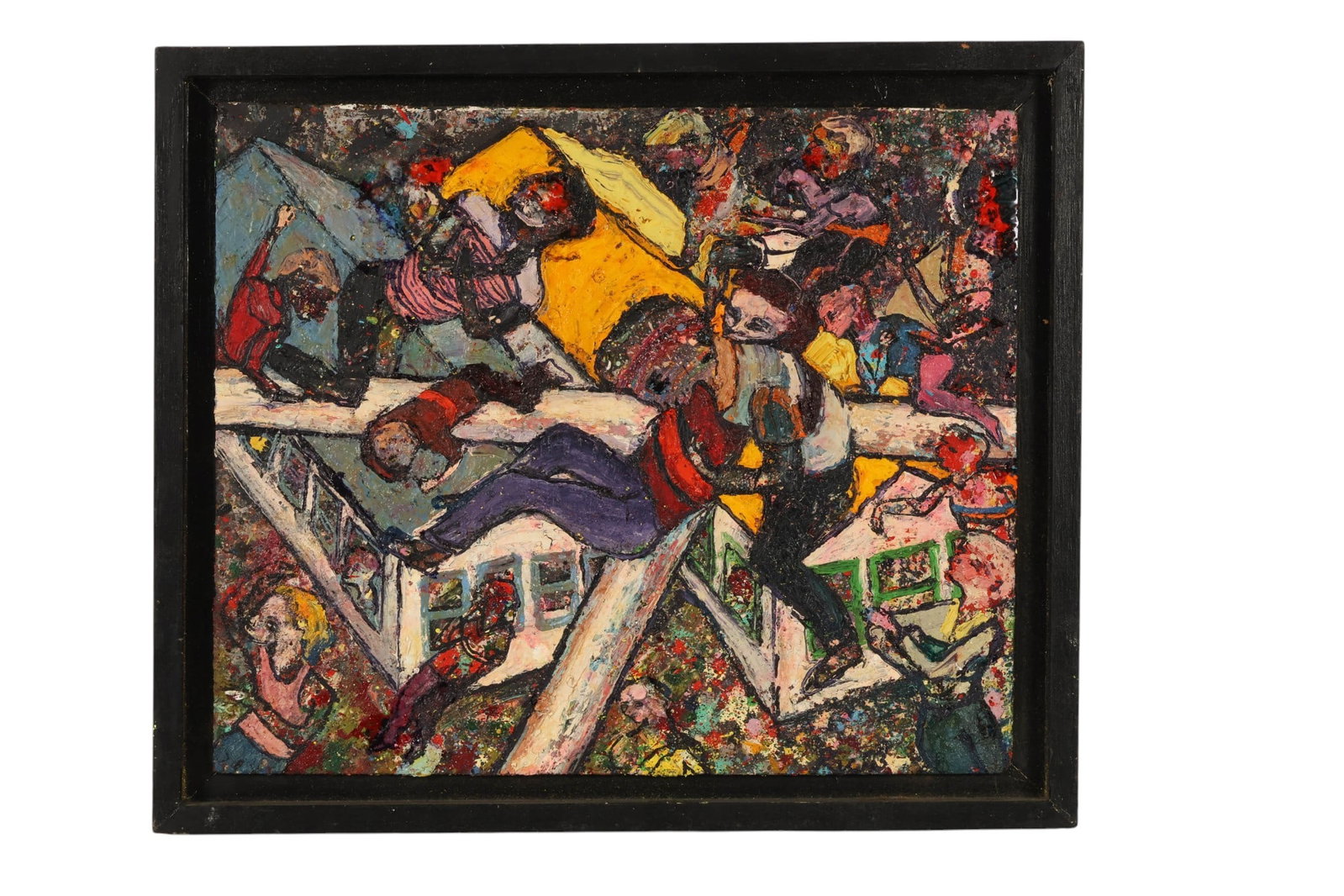 Dan Rice 1926-2003 Tower Series # 7 Oil Painting: Dan (Daniel) Rice (American, 1926-2003), Tower Series #7, 1983. Oil on board painting depicting a dynamic and expressive abstract scene of figures in motion, rendered with thick impasto and vivid colo