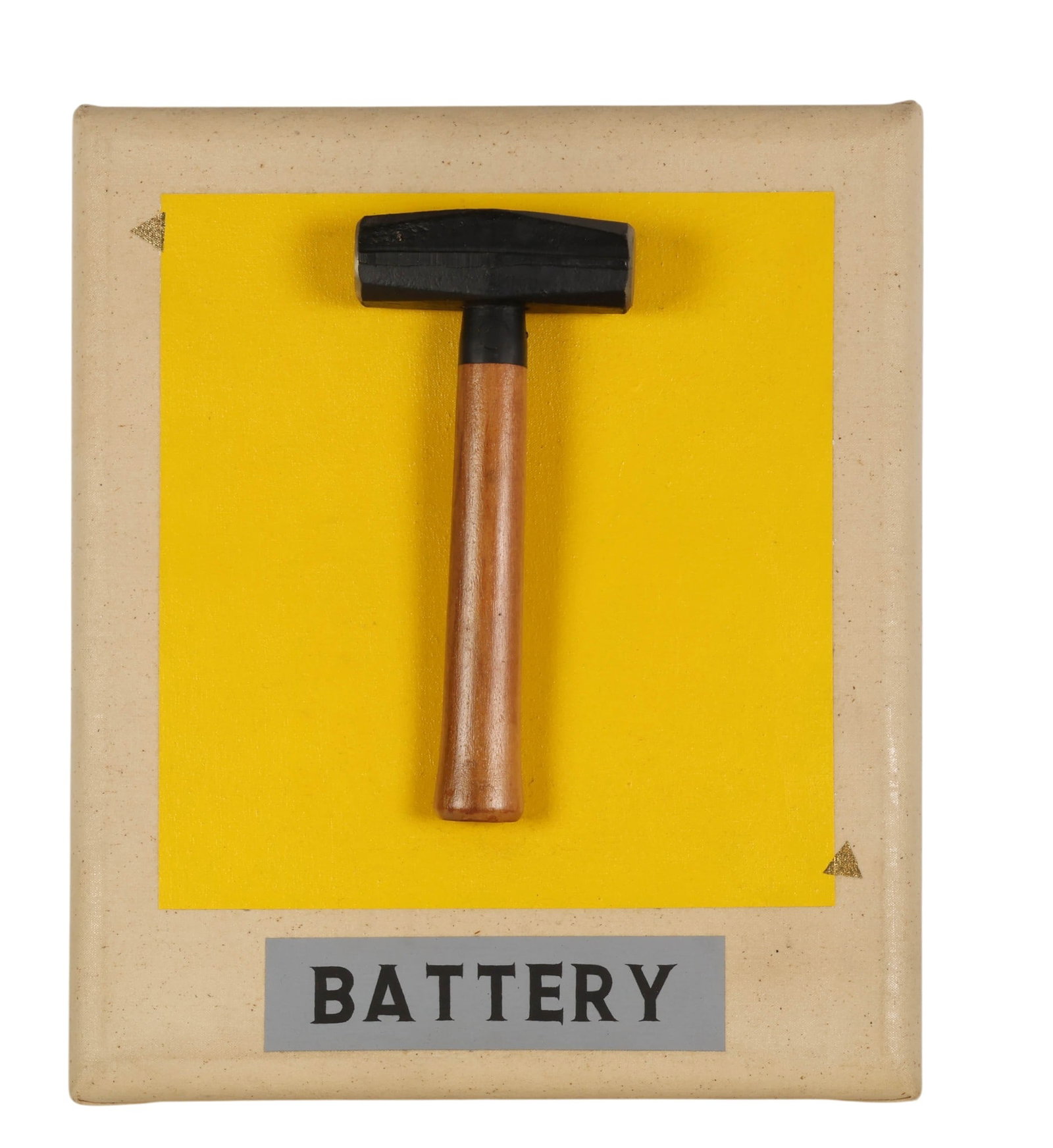 Charles Luce b.1947 "Battery" Assemblage Painting: Charles Luce (American, born 1947), conceptual mixed media painting featuring a bold monochrome yellow field composition rendered on canvas. The work incorporates the word Battery and a mounted hammer