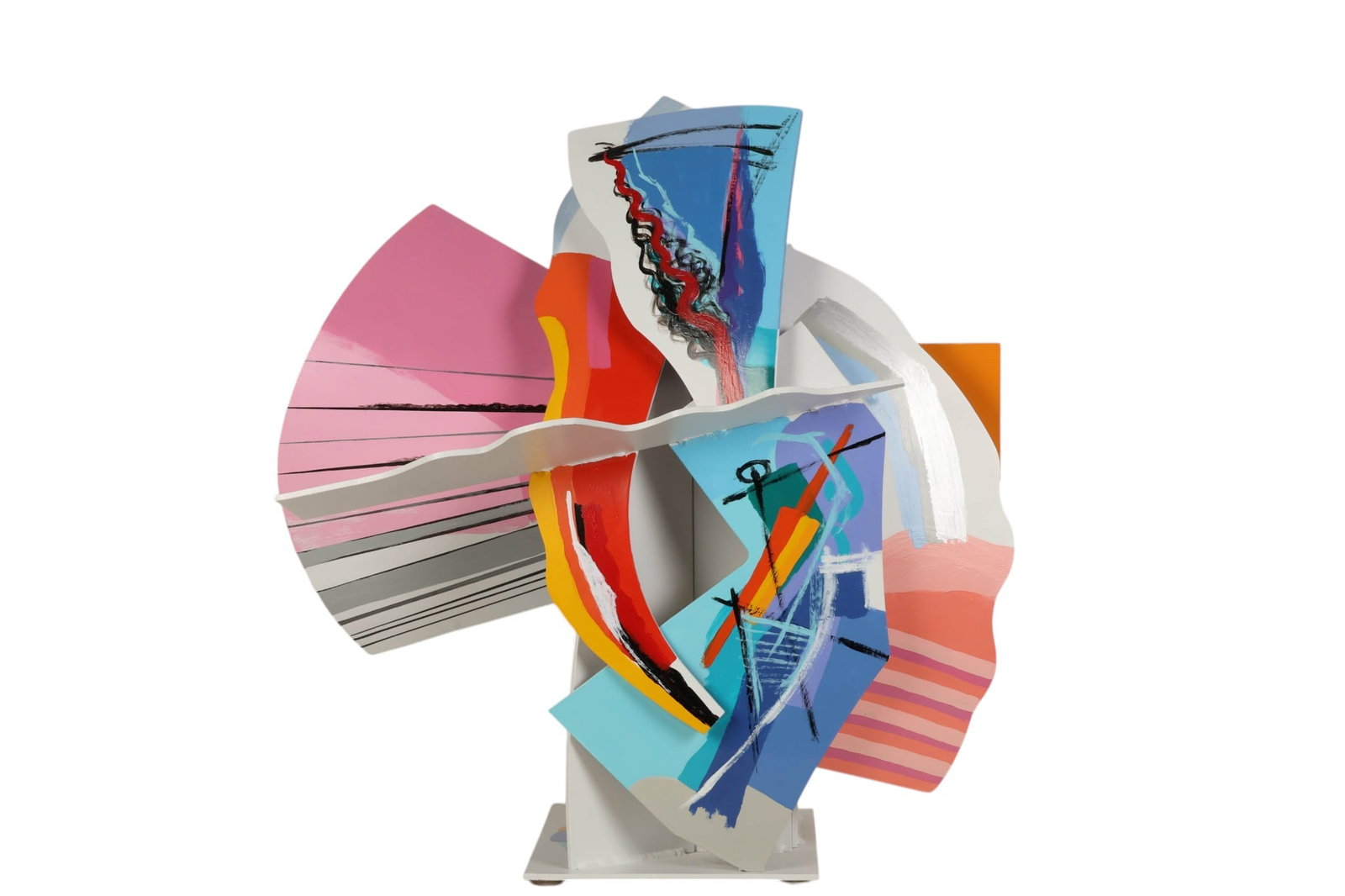 Calman Shemi b.1939 Modern Painted Steel Sculpture: Calman Shemi (Argentinean, born 1939), abstract painted metal sculpture composed of layered and intersecting geometric forms executed in a vibrant palette of blue pink red yellow and black with dynami