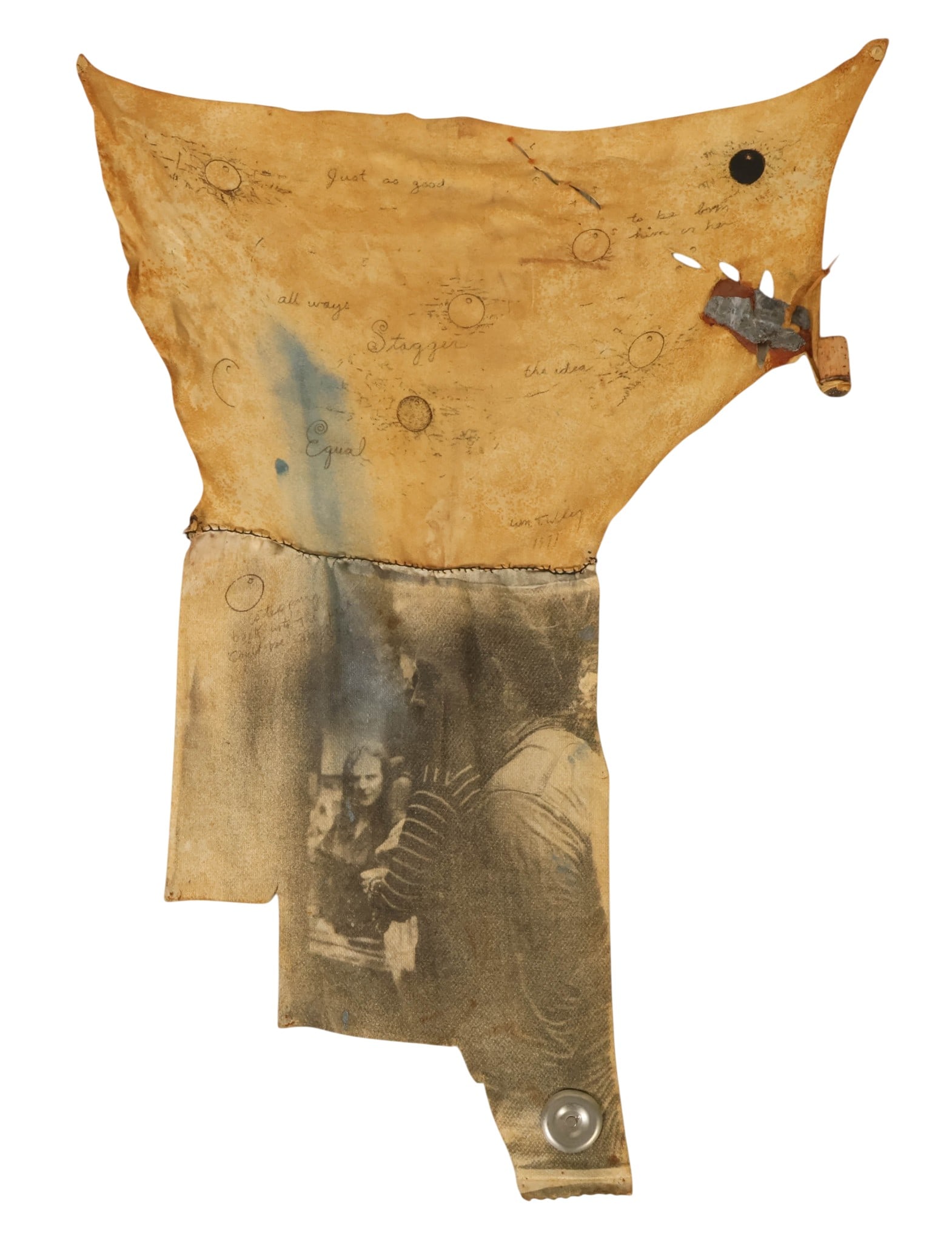 William Wiley 1937-2021 Stagger Equal Sculpture: William T. Wiley (American, 1937-2021), Stagger Equal, 1971, mixed media chamois skin, cloth, and felt-tip pen, an experimental abstract Funk art hanging construction incorporating stitched sections a