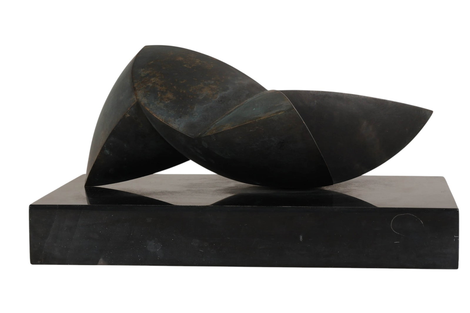 Modernist Abstract Bronze Sculpture on Stone Base: Modern bronze sculpture with dark patina featuring a stylized organic form composed of intersecting curved elements with smooth minimalist lines. Mounted on a polished rectangular black stone base. No