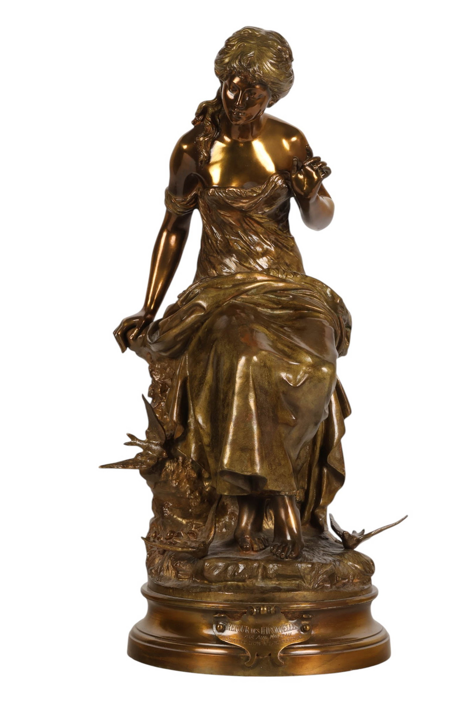 Lois Auguste Moreau 1855-1919 Bronze Hirondelles: Bronze figural sculpture titled Retour Des Hirondelles after Louis Auguste Moreau (French, 1855-1919), depicting a seated young woman in flowing drapery, accompanied by swallows at her feet symbolizin