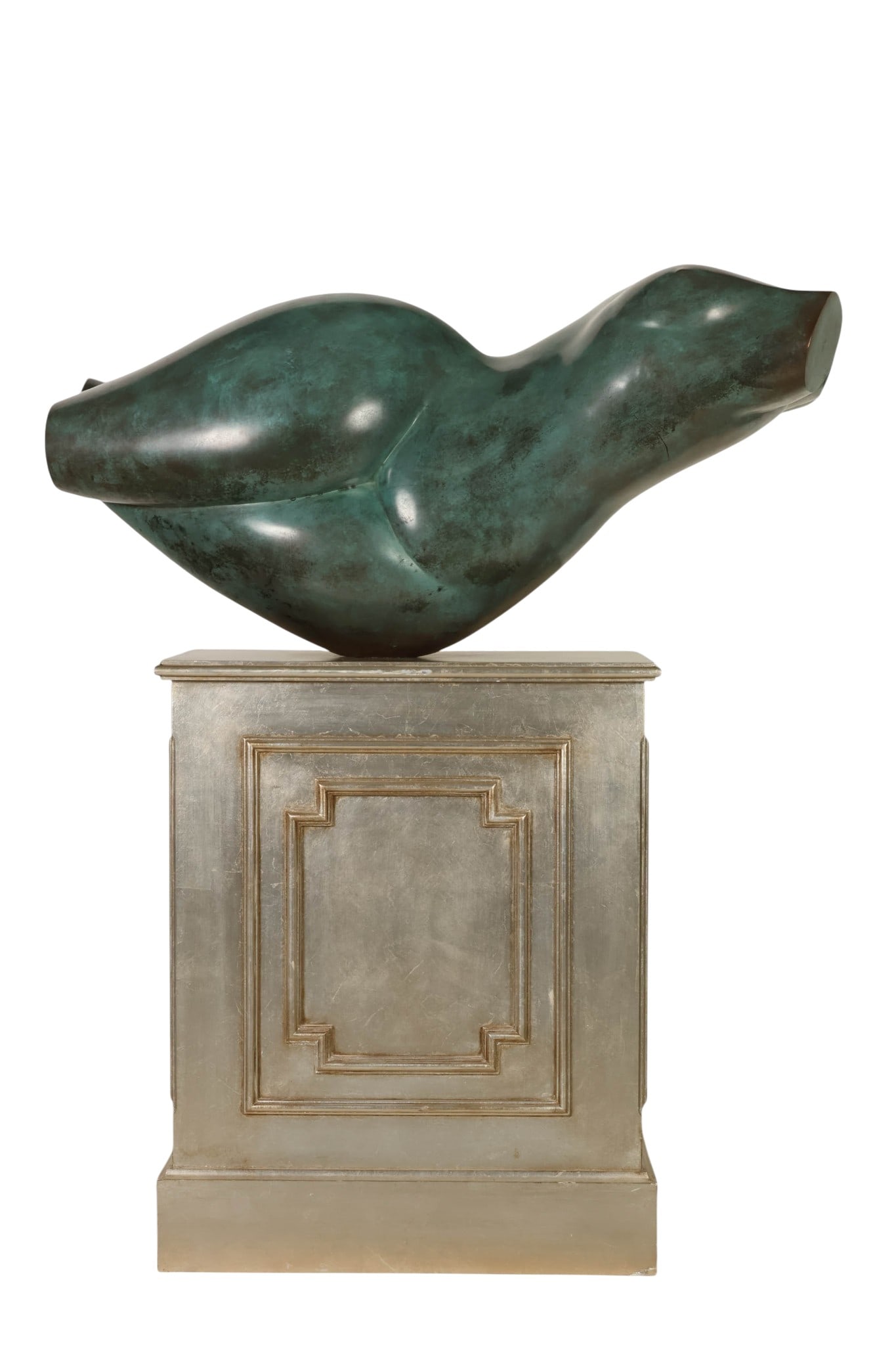 Modern Female Nude Form Bronze Sculpture on Stand: Modernist bronze sculpture depicting a stylized reclining female nude form with smooth, abstracted contours and a flowing, elongated composition. The figure is rendered with rounded volumes, emphasizi