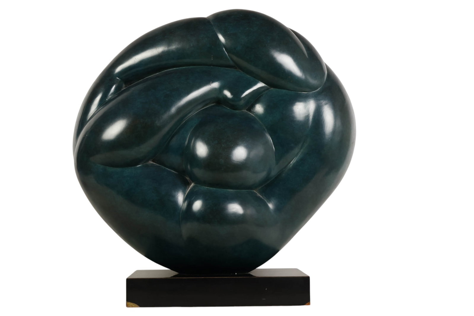 Modern Abstract Rounded Organic Bronze Sculpture: Abstract bronze sculpture featuring a molded organic form composed of smooth, interlocking bulbous shapes, suggesting a figure formed within a spherical composition. The work is mounted on a square ba