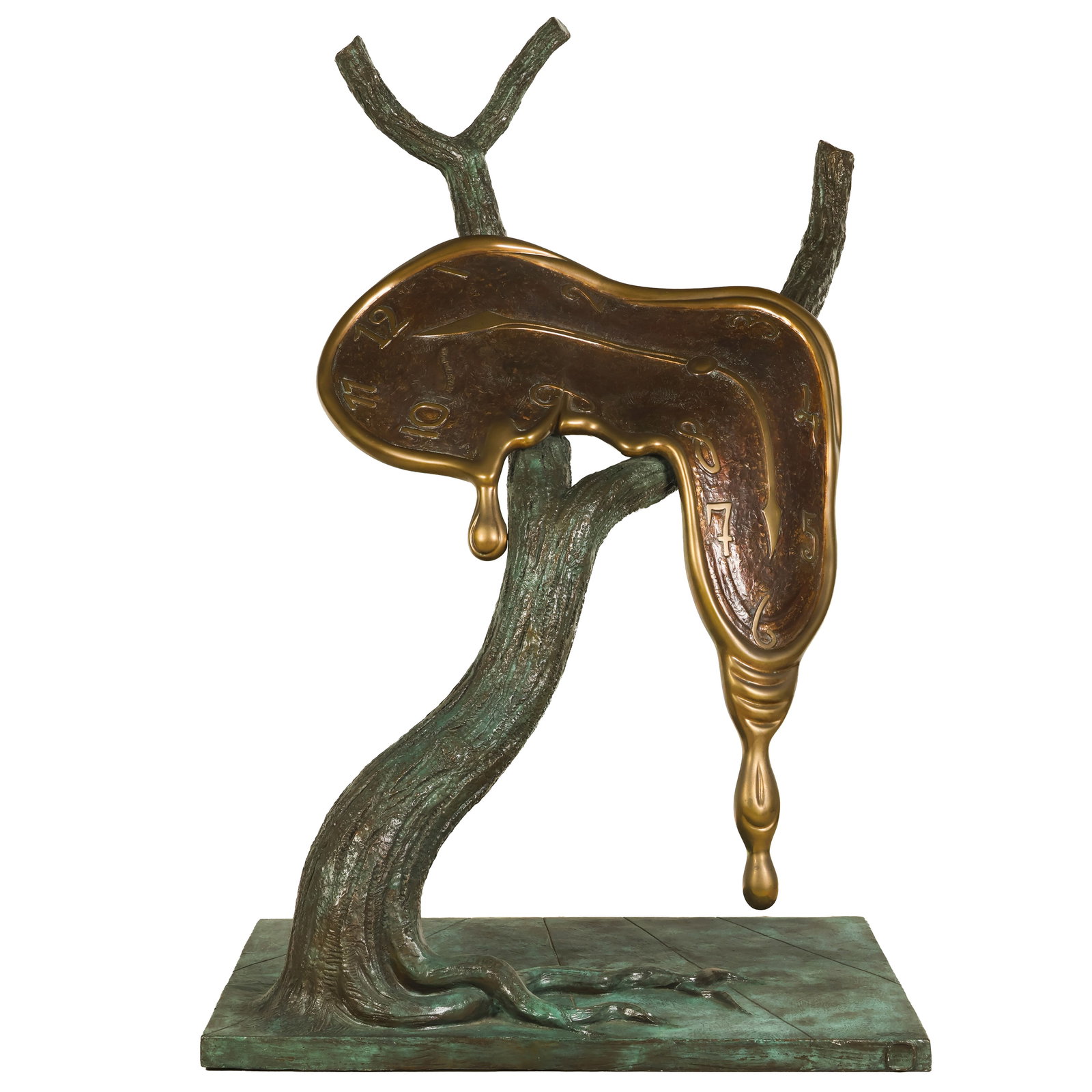 Dali (1904-1989) Profile of Time Bronze Sculpture: Salvador Dali (Spanish, 1904-1989), Profile of Time, surrealist bronze sculpture featuring his iconic melting clock imagery draped over a tree branch form, embodying his exploration of time distortion