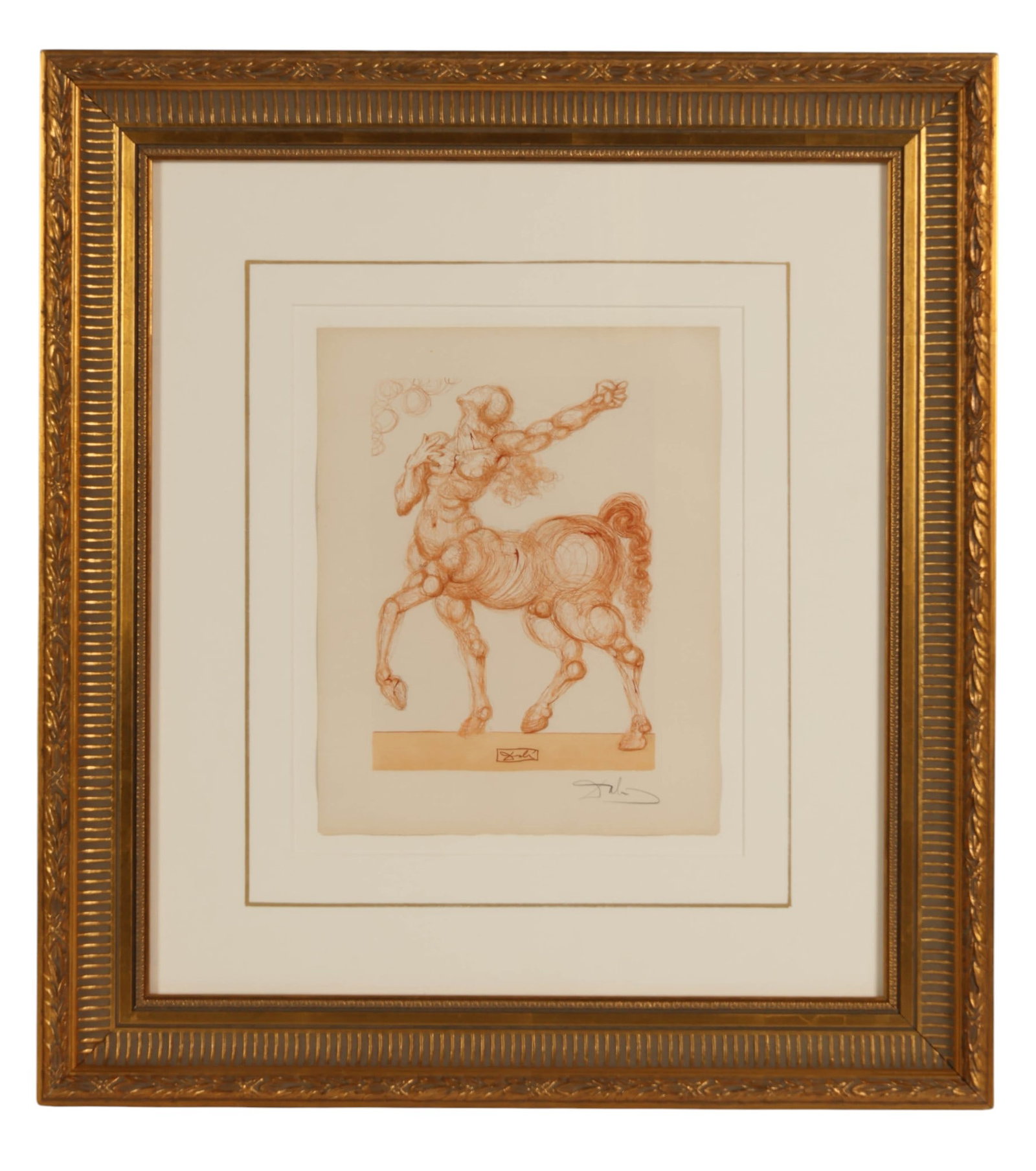 wSalvador Dali 1904-1989 Inferno 25 Woodcut SIGNED: Salvador Dali (Spanish, 1904-1989), The Centaur, color woodcut engraving on paper from the Divine Comedy series illustrating Dante Alighieris Inferno, Canto 25, depicting a dynamic centaur figure rend