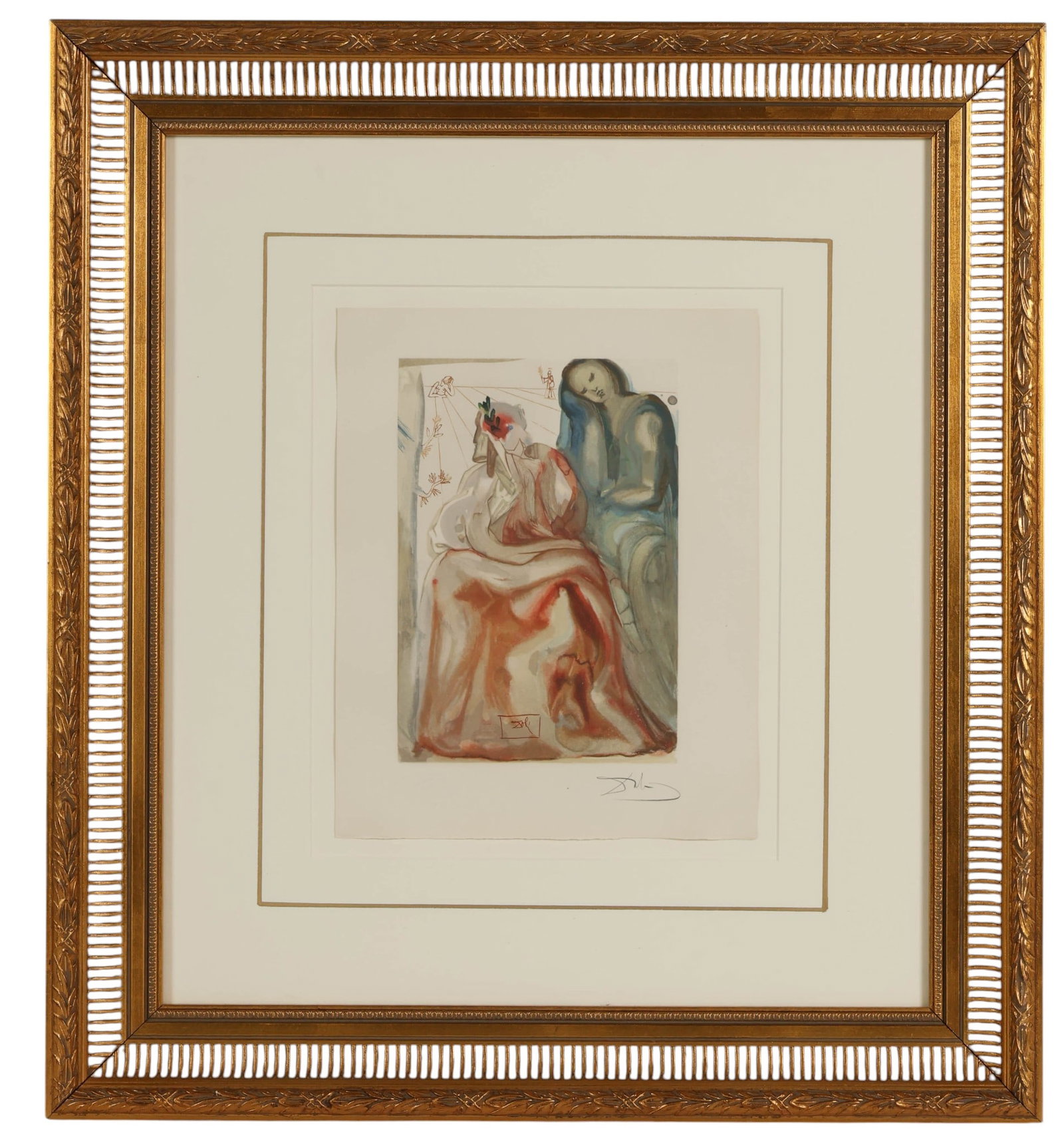 Salvador Dali 1904-1989 Purgatory Woodcut SIGNED: Salvador Dali (Spanish, 1904-1989), Divine Comedy, Purgatory 31, color woodcut print from the artists celebrated Dante series. The composition depicts elongated ethereal figures rendered in Dalis dist