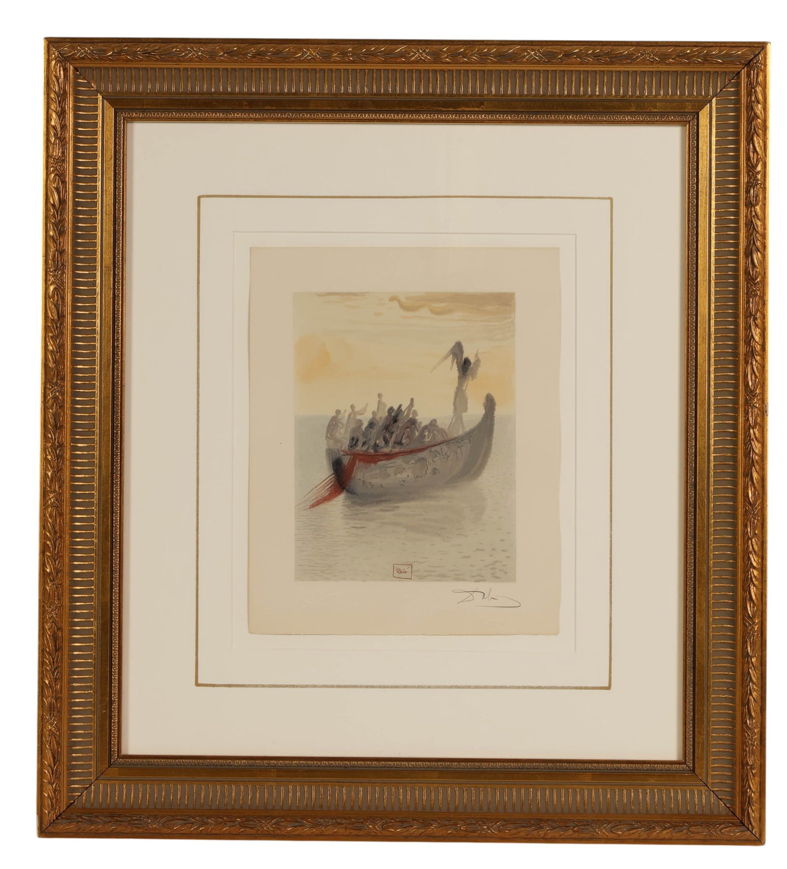 Salvador Dali 1904-1989 Purgatory 2 Woodcut SIGNED: Salvador Dali (Spanish, 1904-1989), The Ship of Souls, also known as The Angel Helmsman or The Boatmans Boat, from the Divine Comedy series illustrating Dante Alighieris Purgatory, Canto 2, color wood