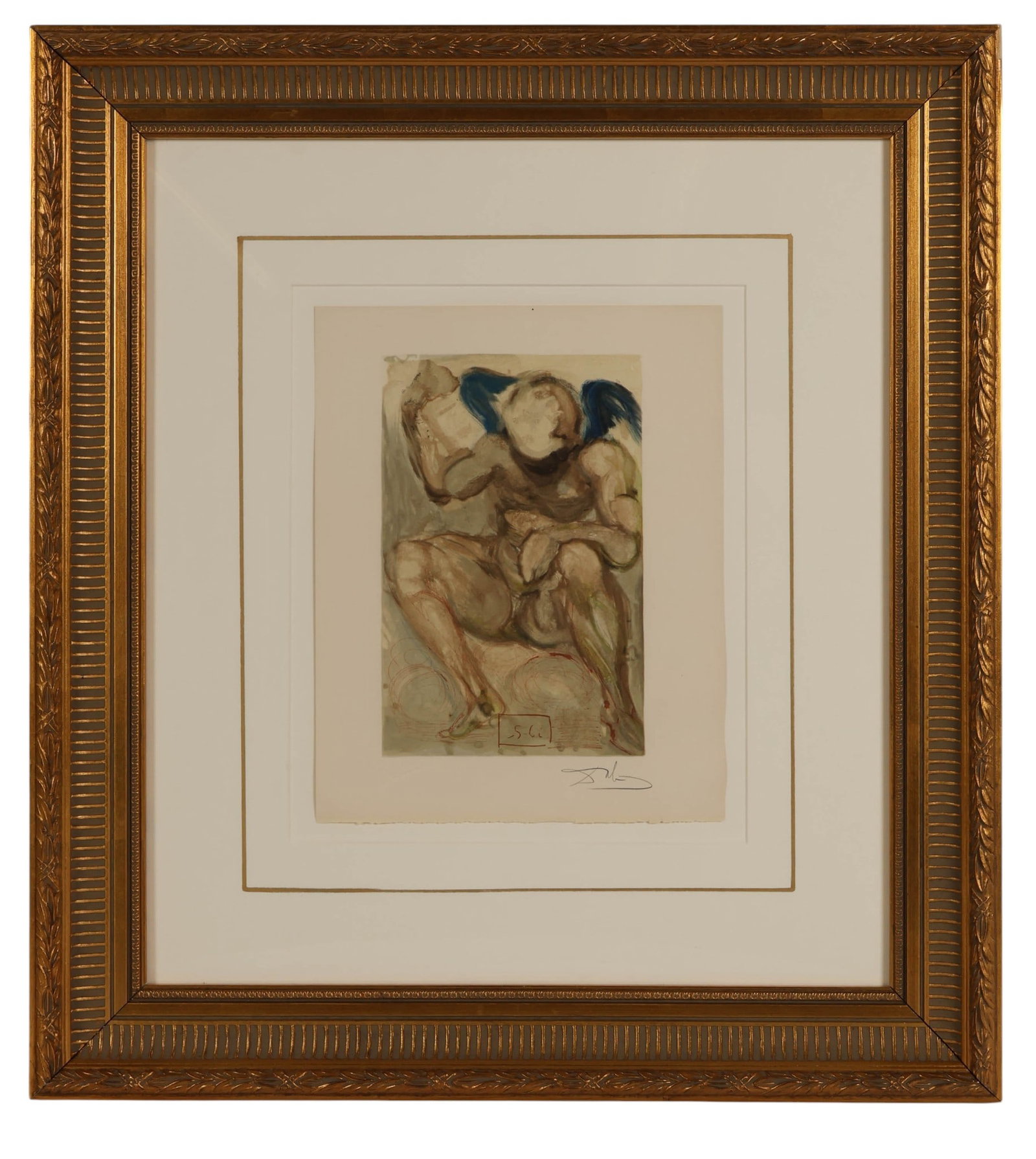 Salvador Dali 1904-1989 Purgatory Woodcut SIGNED: Salvador Dali (Spanish, 1904-1989), The Angel of Mercy, color woodcut on paper from the Divine Comedy series illustrating Dante Alighieris Purgatory, Canto 15. Signed lower right and bearing a blind s