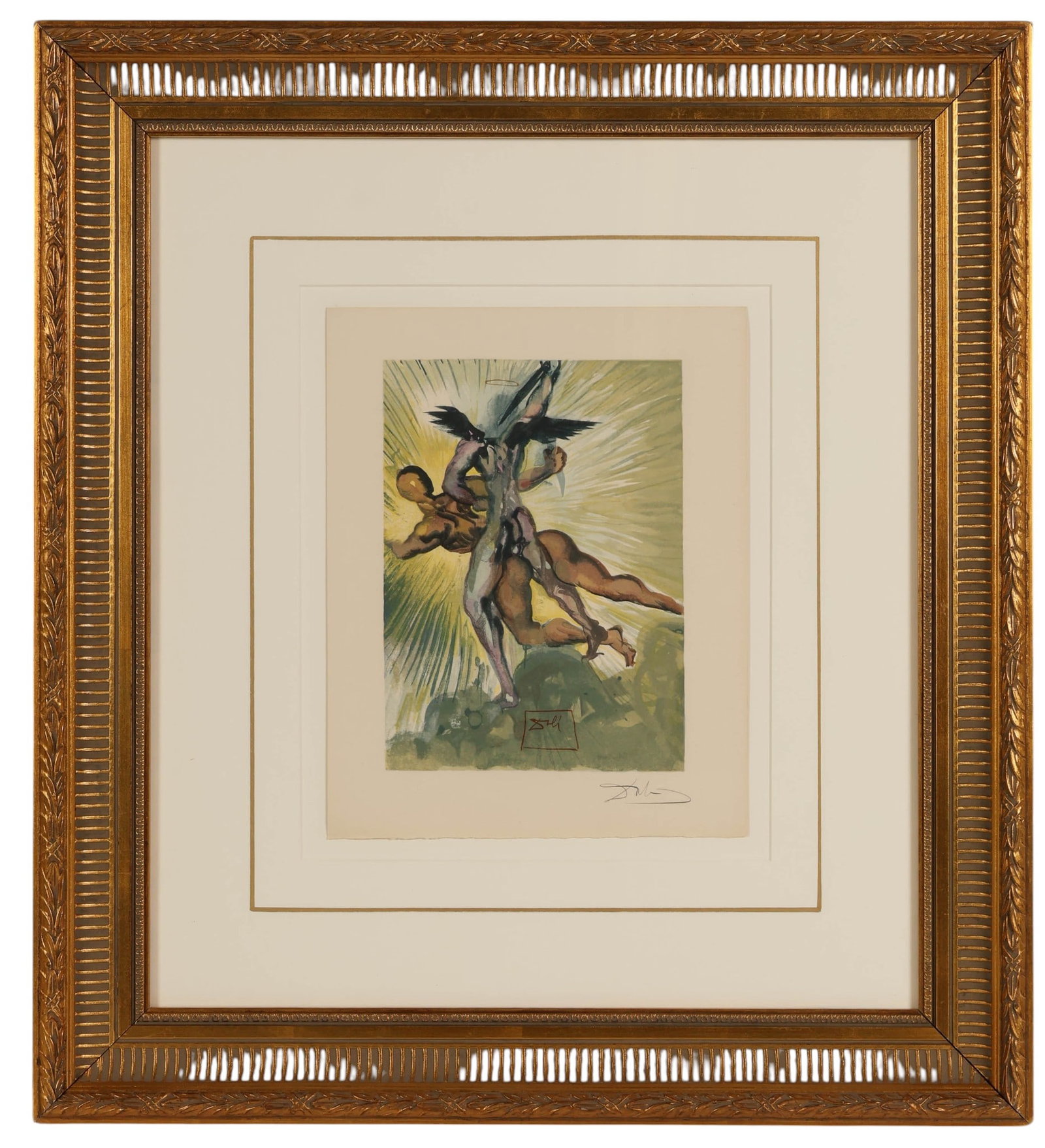 Salvador Dali 1904-1989 Purgatory 8 Woodcut SIGNED: Salvador Dali (Spanish, 1904-1989), The Guardian Angels of the Valley, from the Divine Comedy series illustrating Dante Alighieris Purgatory, Canto 8, a color woodcut engraving produced circa 1960. Th