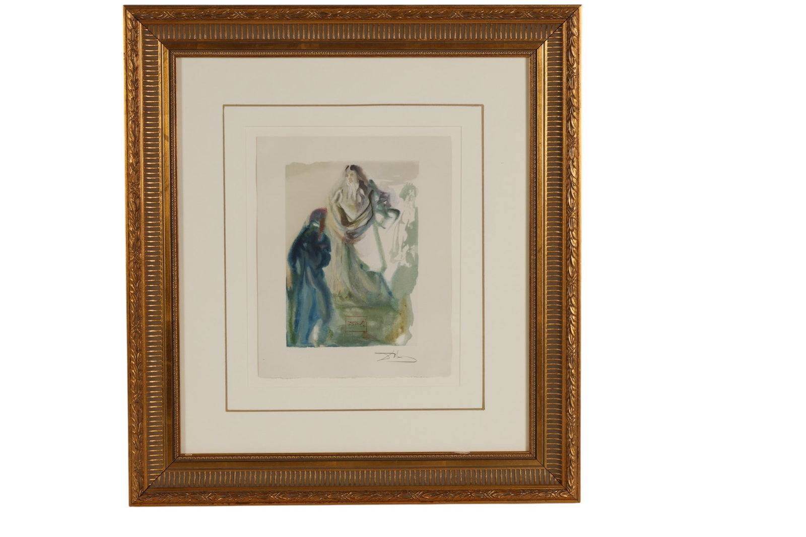Salvador Dali 1904-1989 Paradise 28 Woodcut SIGNED: Salvador Dali (Spanish, 1904-1989),Divine Comedy-Paradise 28 woodcut print on paper features ethereal, elongated figures rendered in Dalis signature surrealist style, with soft washes of color and dre