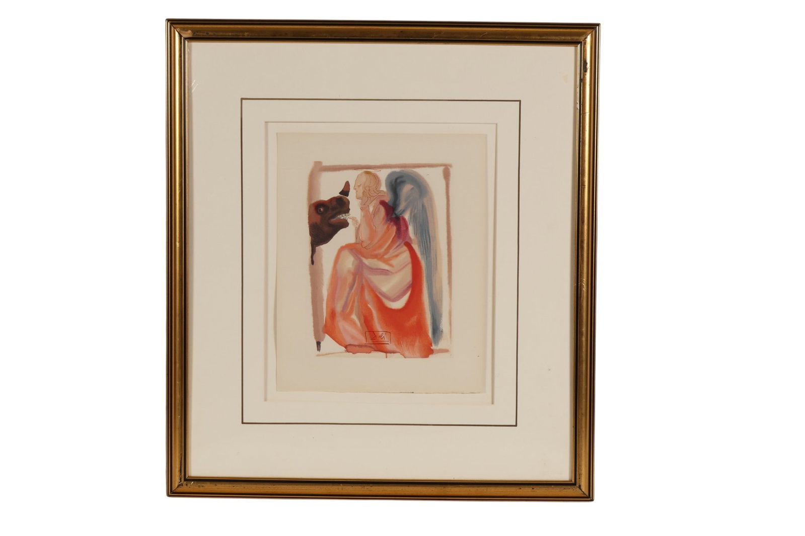 Salvador Dali 1904-1989 Paradise 6 Rhino Woodcut: Salvador Dali (Spanish, 1904-1989), Divine Comedy, Paradise 6: The Heaven of Mercury (Rhinoceros), color woodcut on paper from the Divine Comedy series. Depicts a Surrealist allegorical composition wi