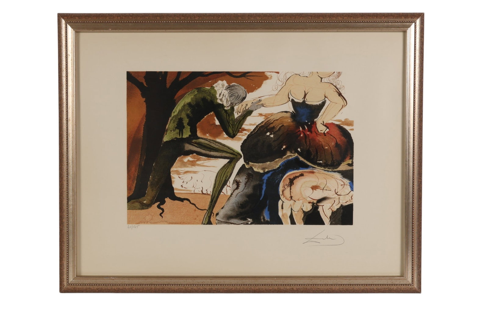 Salvador Dali 1904-1989 The Hand Kiss Litho SIGNED: Salvador Dali (Spanish, 1904-1989), Le Baiser Main (The Hand Kiss), color lithograph on paper from the Don Quixote series. Depicts a Surrealist figural composition with expressive line work and fluid 