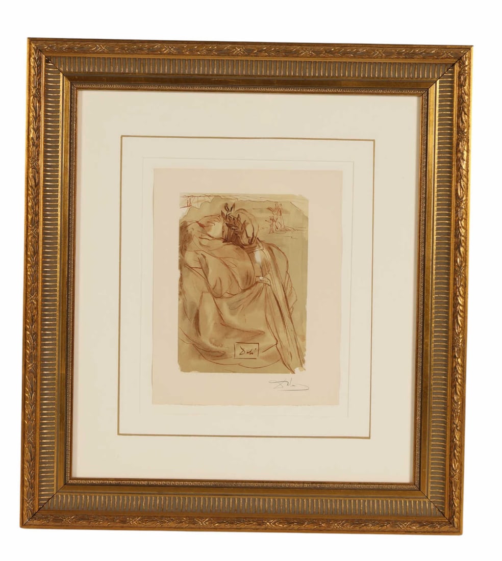 Dali 1904-1989 Purgatory 30 Woodcut Print SIGNED: Salvador Dali (Spanish, 1904-1989), Purgatory Canto 30, also known as The Announcement of the Great Event, from the Divine Comedy series, sepia-toned woodcut on paper. Depicts a robed figure in a cont