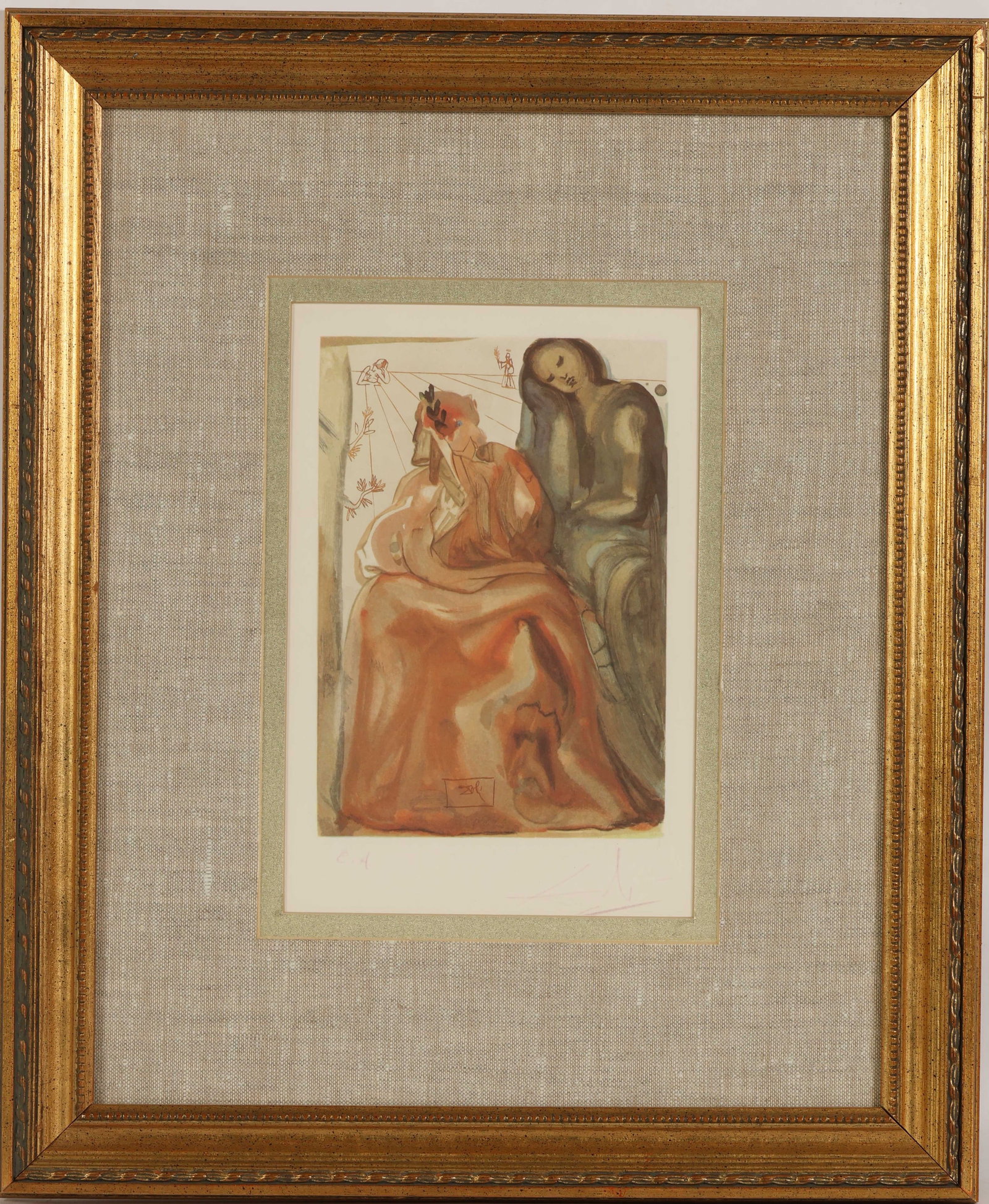Dali 1904-1989 Serigraph from Devine Comedy SIGNED: Salvador Dali (Spanish, 1904-1989), Divine Comedy, Dante Reawakens, color serigraph on paper from the artists Divine Comedy series, likely corresponding to Canto 31. Depicts two elongated figures rend