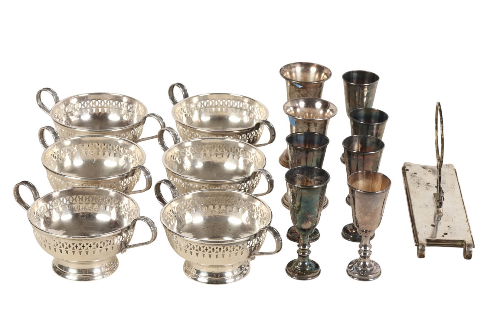 Sterling Silver Kiddush Cups Bowls Stand 15pc. LOT: Estate assortment of sterling silver English silver and 84 grade Russian silver items including six Elgin Silversmith Company pierced double handled bowls marked sterling, a pair of Jewish Judaica kid