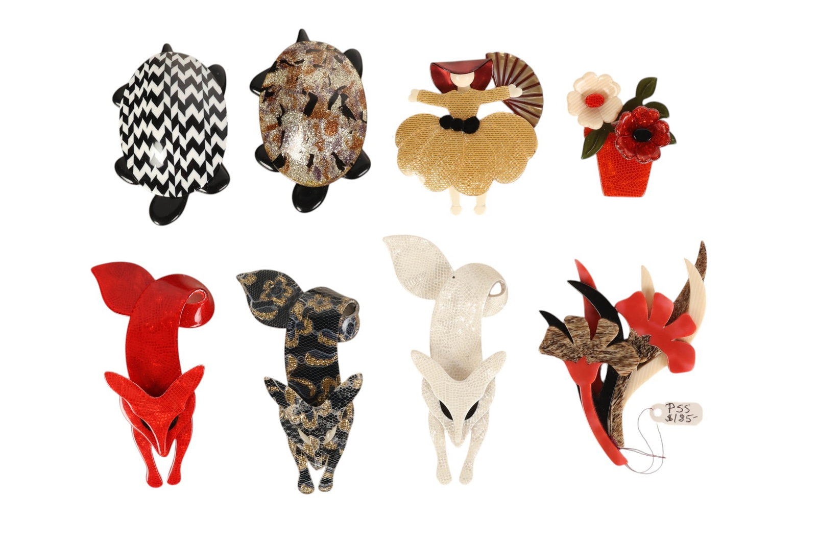 Lea Stein Paris Floral Fox and Turtle Brooches LOT: Estate lot of eight Lea Stein Paris brooches crafted in layered cellulose acetate. The collection includes whimsical forms such as foxes, turtles, stylized florals, and a female figure holding a fan,