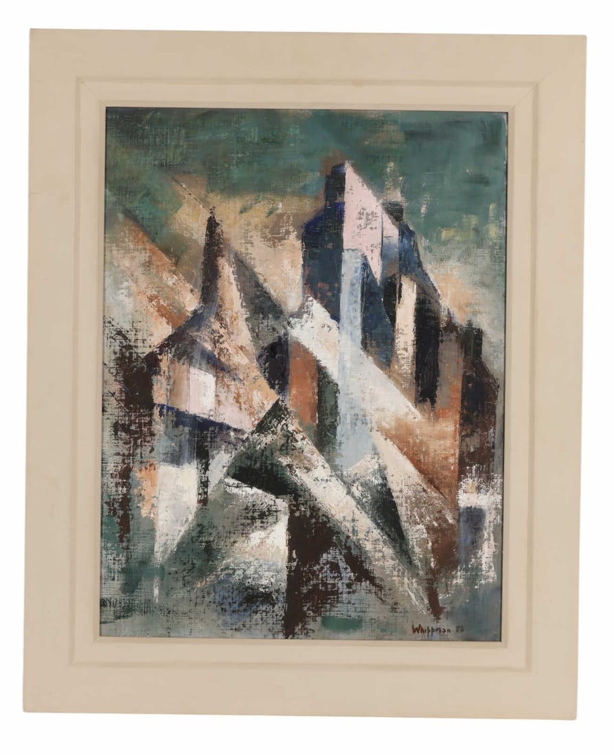 Matthew Whippman 1901-1920 Beton Pitanite Painting: Matthew Whippman (South African, 1901-1920), Beton Pitanide, 1977, oil on board featuring a dynamic abstract arrangement of angular geometric forms rendered in muted tones of blue, gray, brown, and