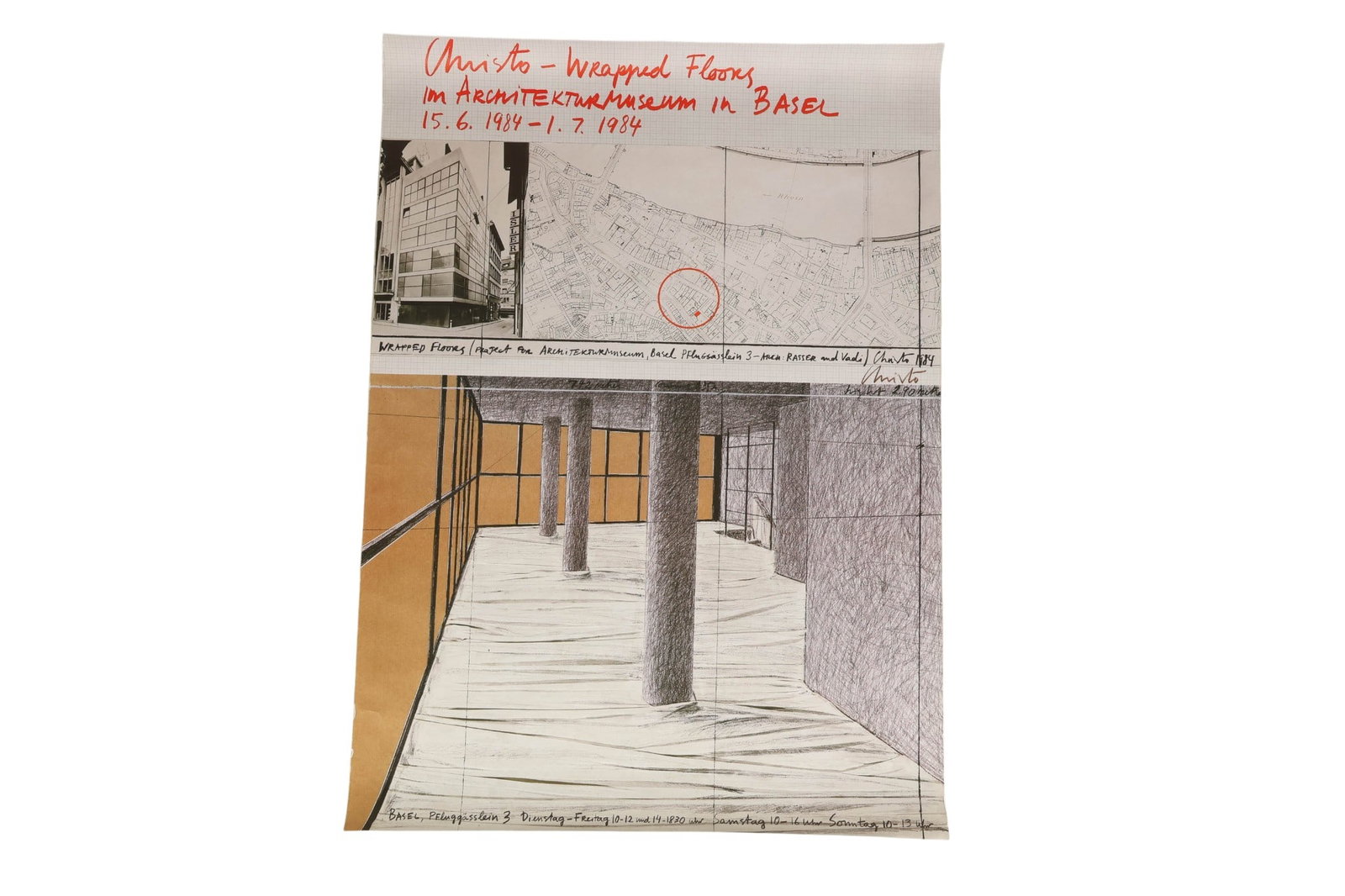 Christo 1935-2020 Wrapped Floors Poster SIGNED: Christo (Christo Vladimirov Javacheff, Bulgarian-American, 1935-2020) and Jeanne-Claude Denat de Guillebon (French, 1935-2009), Wrapped Floors project poster for the Architektur Museum in Basel, dated