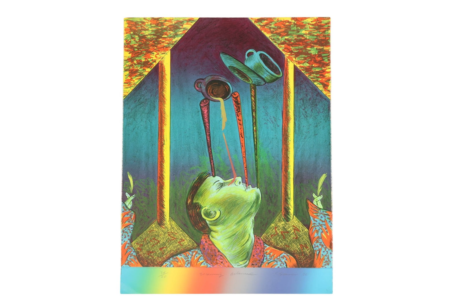 Phyllis Bramson b.1941 Balanced Lithograph SIGNED: Phyllis Bramson (American, born 1941), Becoming Balanced, color lithograph on paper. This stylized surreal figural composition features a profile of a head raised, surrounded by whimsical and symbolic