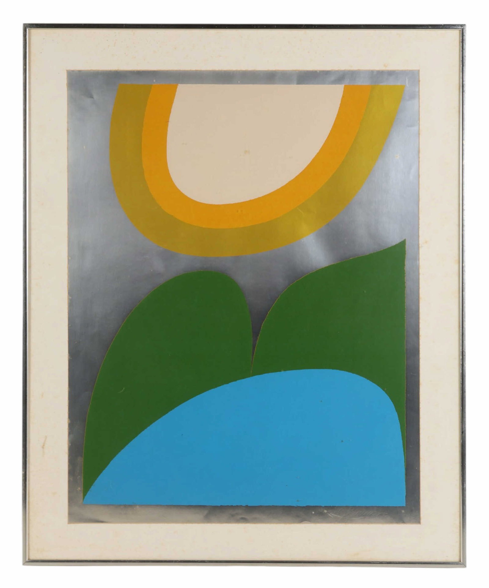 Carol Summers 1925-2016 Sunrise Silver Silkscreen: Carol Summers (American, 1925-2016), Sunrise, an abstract silkscreen print on paper featuring bold simplified forms in yellow green and blue set against a metallic ground, demonstrating the artist's s