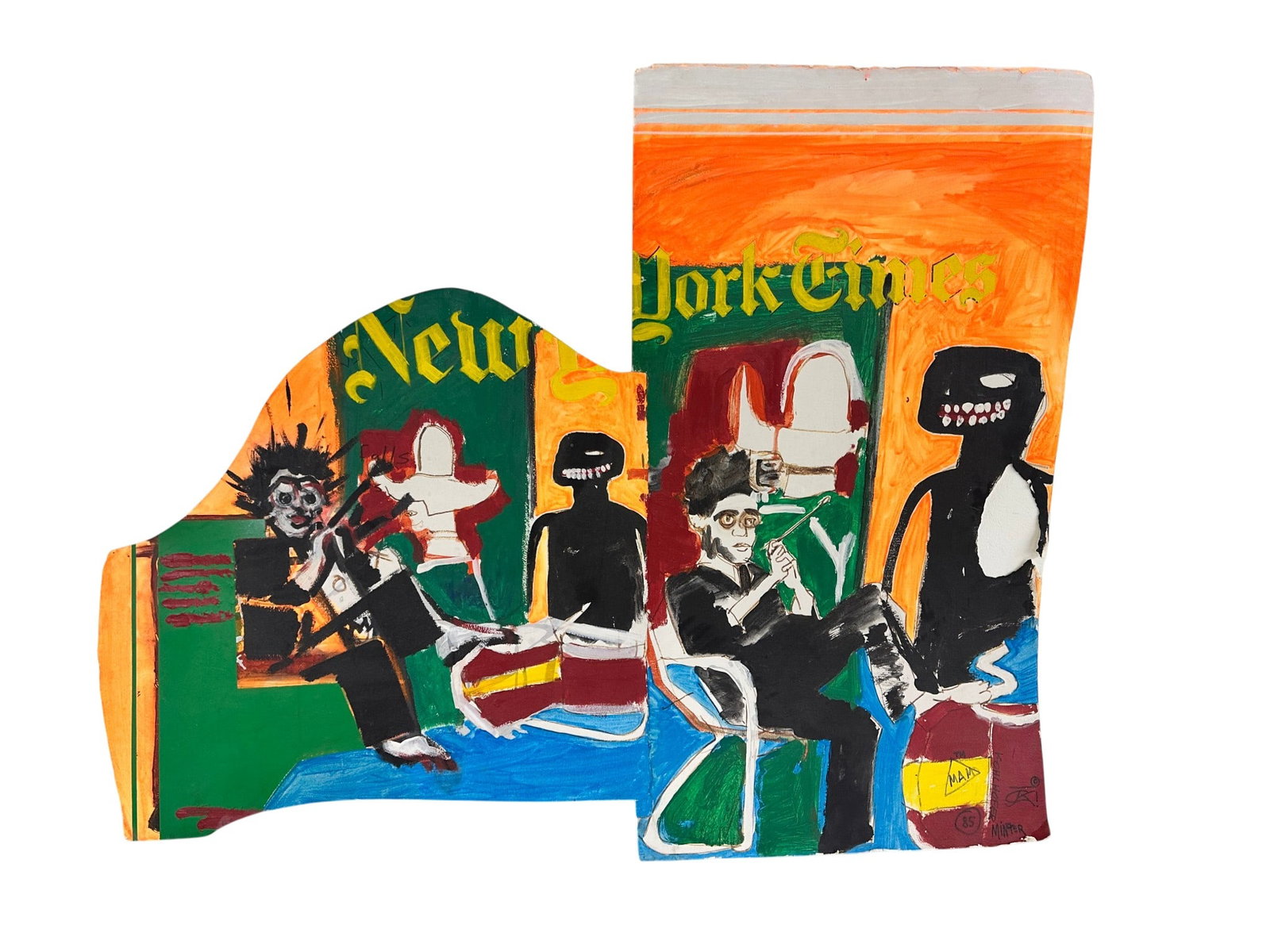 Kohlhofer and Minter 20C Outside Abstract Painting: Kristoff Cole Hoffner (American, born 1942), collaborative mixed media painting on found stock paper with Marilyn Minter (American, born 1948), featuring a bold figurative and graphic composition
