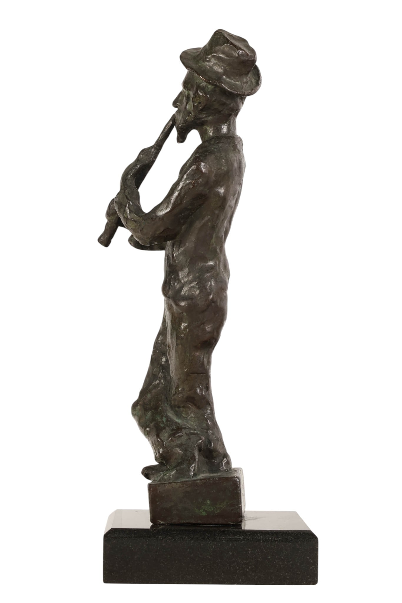 Mane-Katz 1894-1962 Bronze Fiddle Player Sculpture: Emmanuel Mane-Katz (Russian-American, 1894-1962), bronze sculpture depicting a modern standing Judaic-style male figure wearing a hat and holding a pipe, rendered with expressive surface texture chara