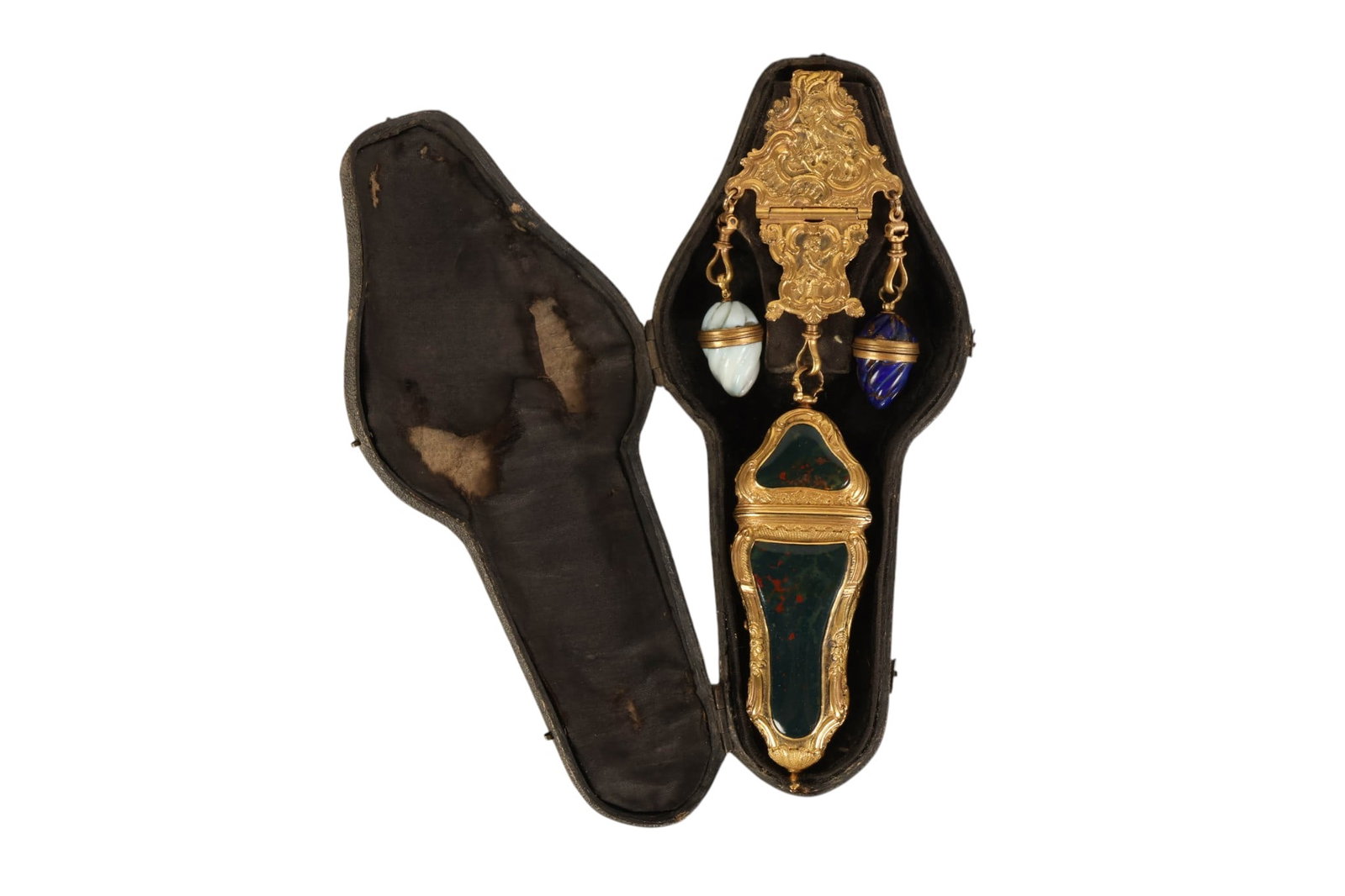 Georgian Bronze & Stone Necessaire Etui Chatelaine: Georgian gilt bronze necessaire etui chatelaine set, crafted with ornate figural and Rococo-style mounts and set with polished natural bloodstone panels displaying deep green tones with red inclusions