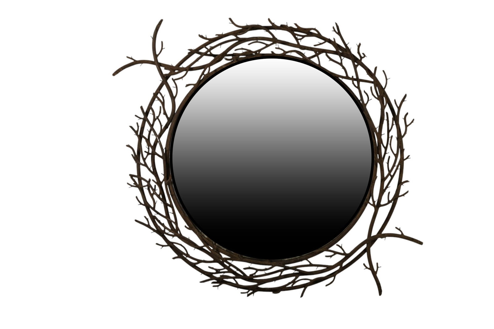 Bronze Sculptural Organic Twigs Convex Wall Mirror: Jerry Pair Florida Formations "Twig Mirror" featuring a rustic style bronze intricately cast frame designed in the form of intertwined thorny tree branches or antler-like elements. The sculptural surr
