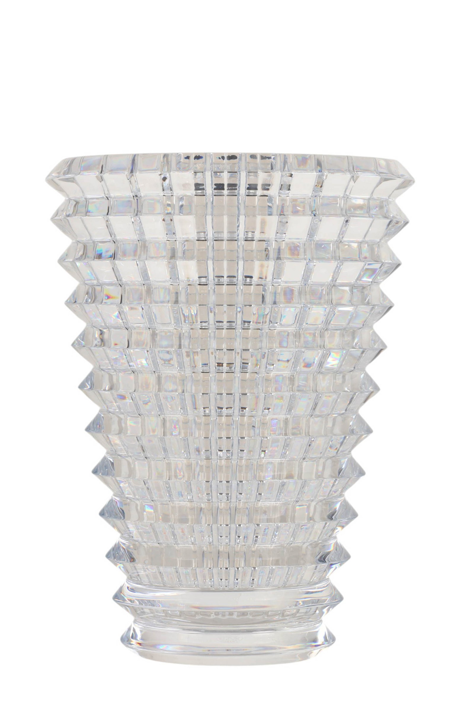 Baccarat French Geometric Crystal "Eye" Oval Vase: Baccarat France Eye oval vase featuring a bold geometric stepped design composed of repeating square and rectangular cuts forming a tapering cylindrical form. The sharply defined architectural pattern