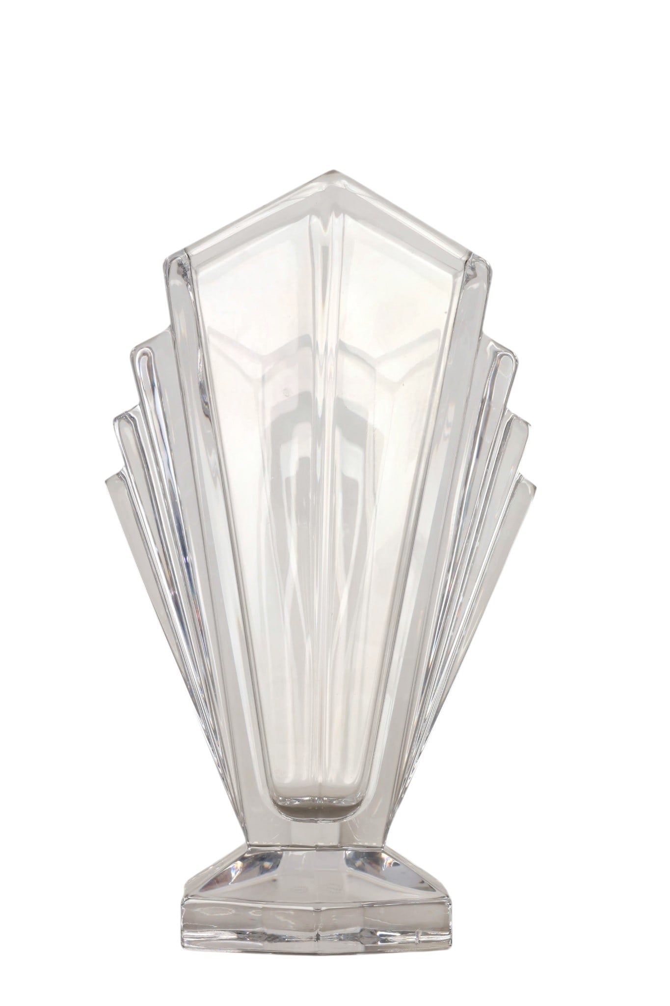 Baccarat French Crystal Art Deco Geometric Vase: Baccarat French finely cut crystal art glass vase featuring a bold Art Deco-inspired geometric form with stepped and faceted panels rising from a hexagonal base. The clear crystal body exhibits sharp 