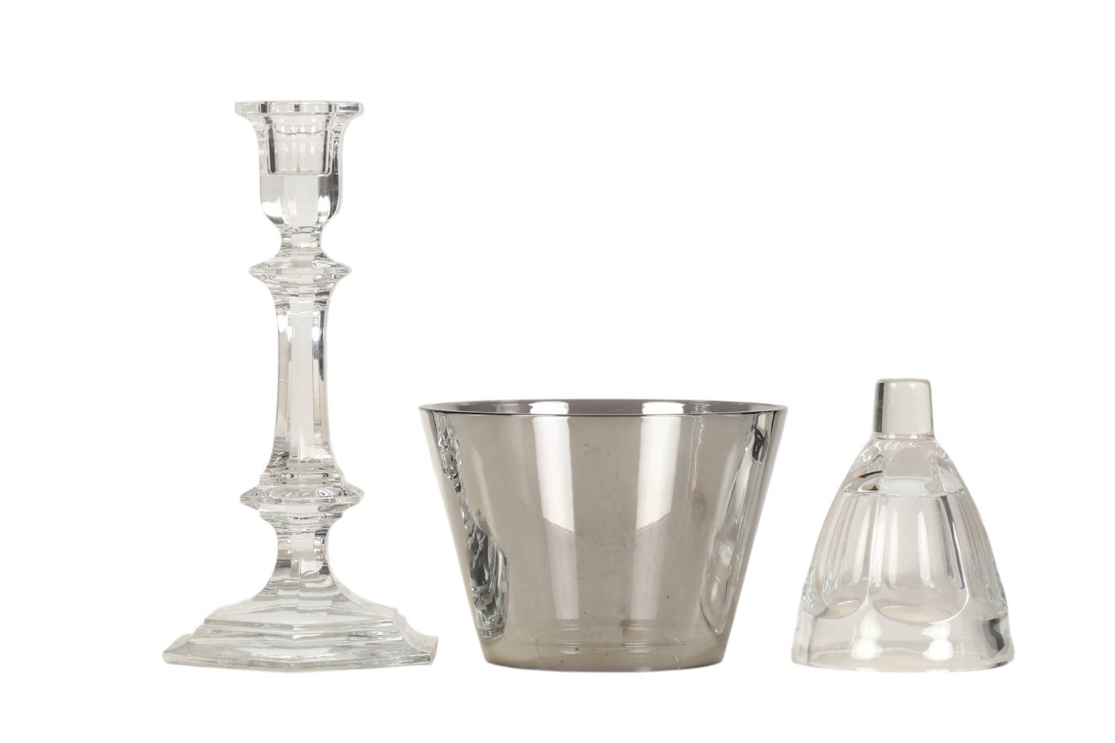 Baccarat Philippe Starck Our Fire Candlestick LOT: Baccarat Philippe Starck designed "Our Fire" fine French crystal candlestick featuring a faceted clear crystal stem rising from a geometric hexagonal base, paired with its chrome finish crystal shade