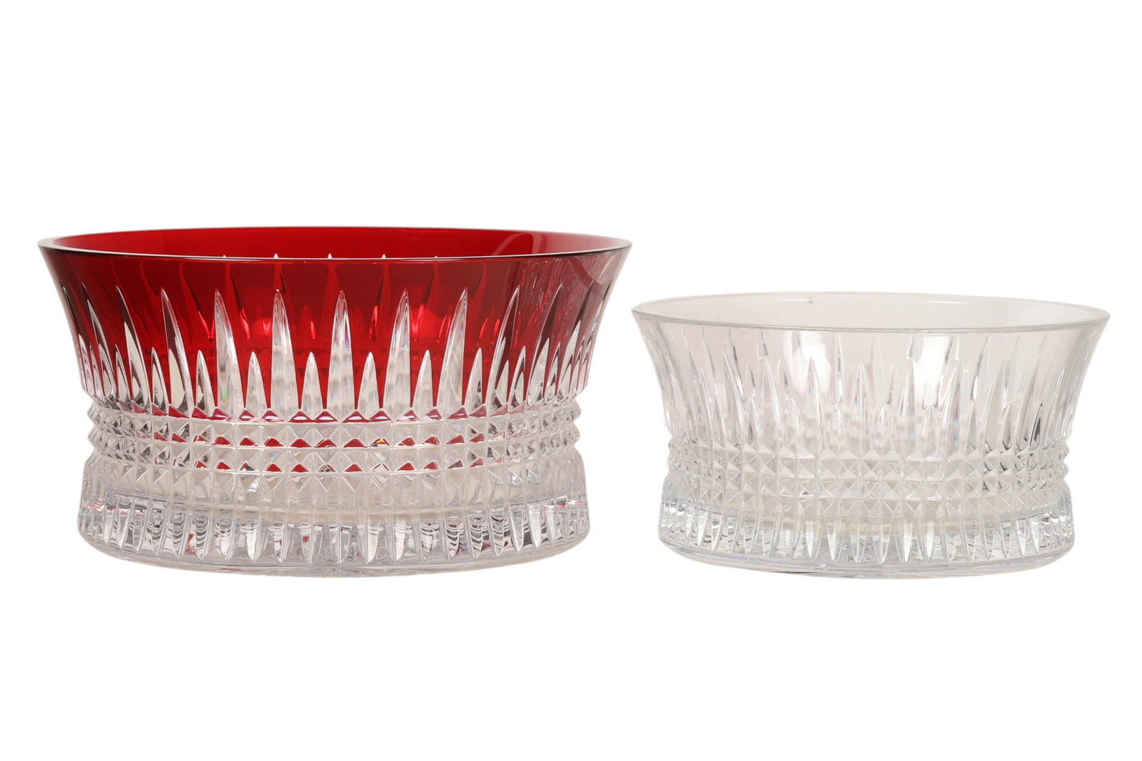 Waterford Lismore Diamond Red and Clear Bowls LOT: Waterford Crystal Lismore Diamond Ruby cut to clear and clear crystal bowls. Each features finely executed vertical and diamond cut patterns with a faceted lower band and flared rim. The ruby example