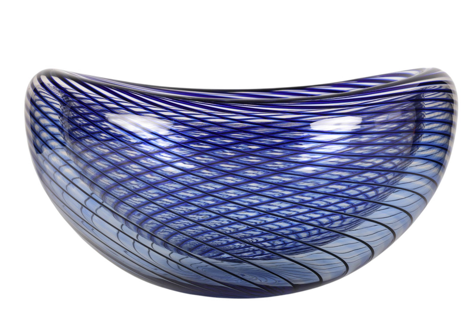 John Geci 20C Cobalt Swirl Eclipse Art Glass Bowl: Hand blown studio art glass cobalt stripe "Eclipse Bowl" by John Geci (American, 20th century), featuring an elegant cobalt blue swirl pattern over clear glass. The form is low and asymmetrical with a
