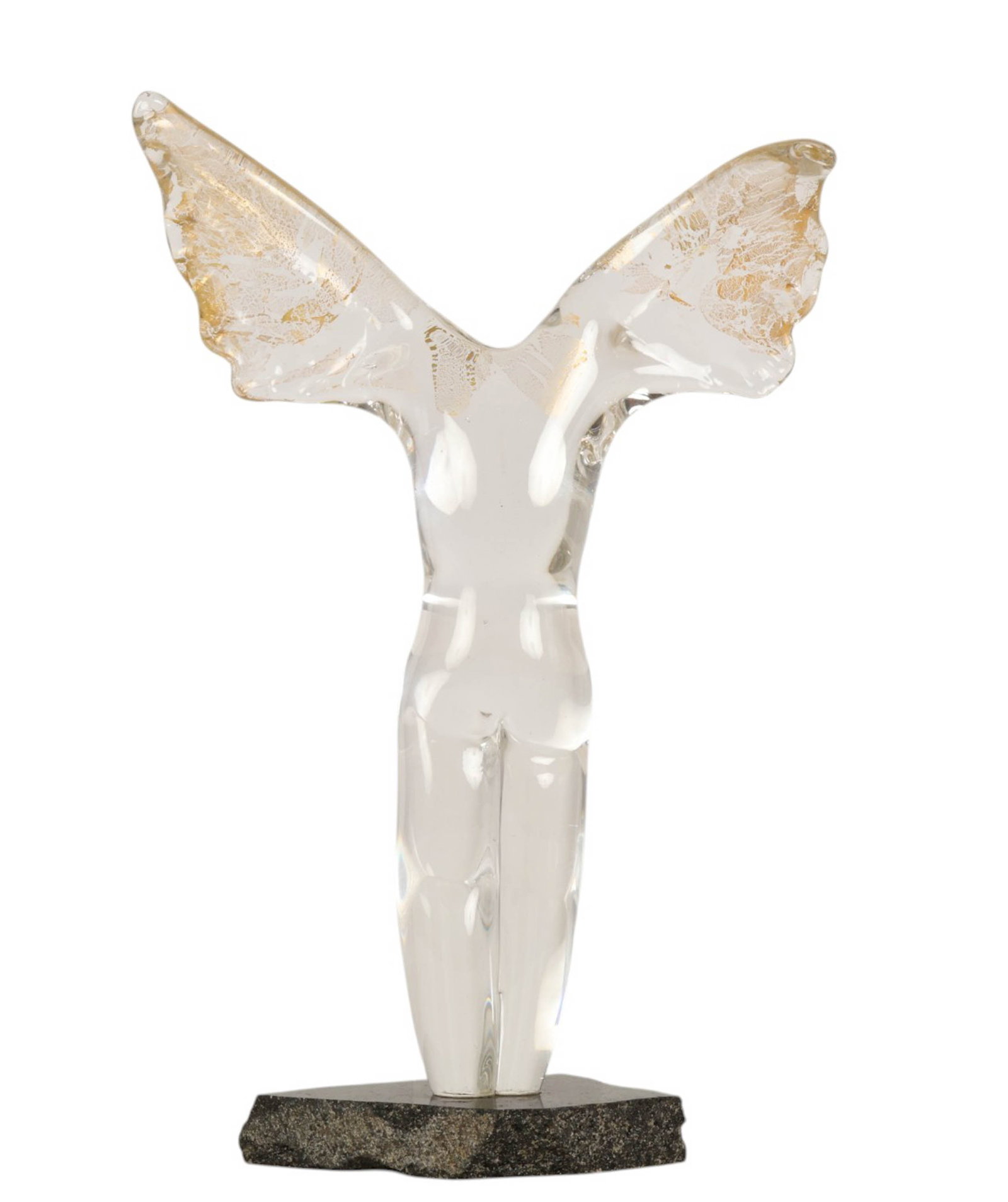 Maurice Alvarado b.1958 Art Glass "Angel Soulmate": Maurice Alvarado (American, born 1958), Angel Soulmate, studio art glass sculpture executed in clear glass with gold inclusions to the wings. The elongated figure stands gracefully with outstretched w