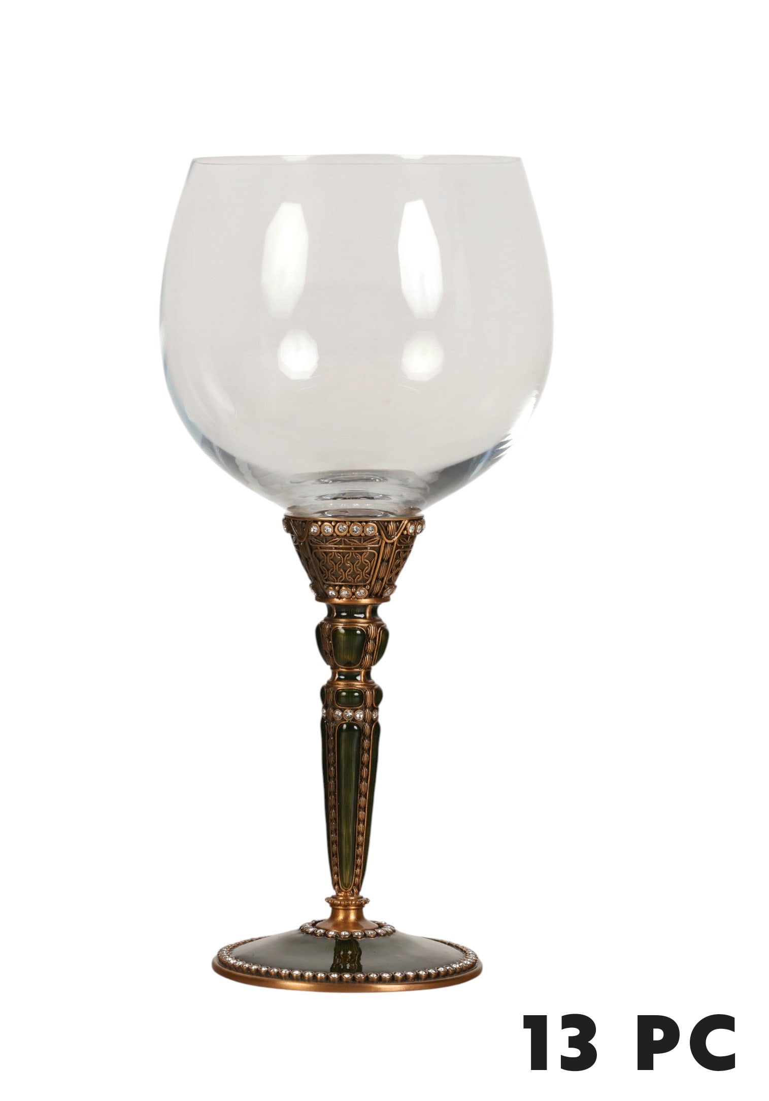 Edgar Berebi Green Enamel Jeweled Glasses 13pc SET: Set of thirteen Edgar Berebi wine glasses in the limited edition St. Petersburg pattern, featuring clear glass bowls mounted on ornate metal stems with rich green enamel decoration and jeweled accents