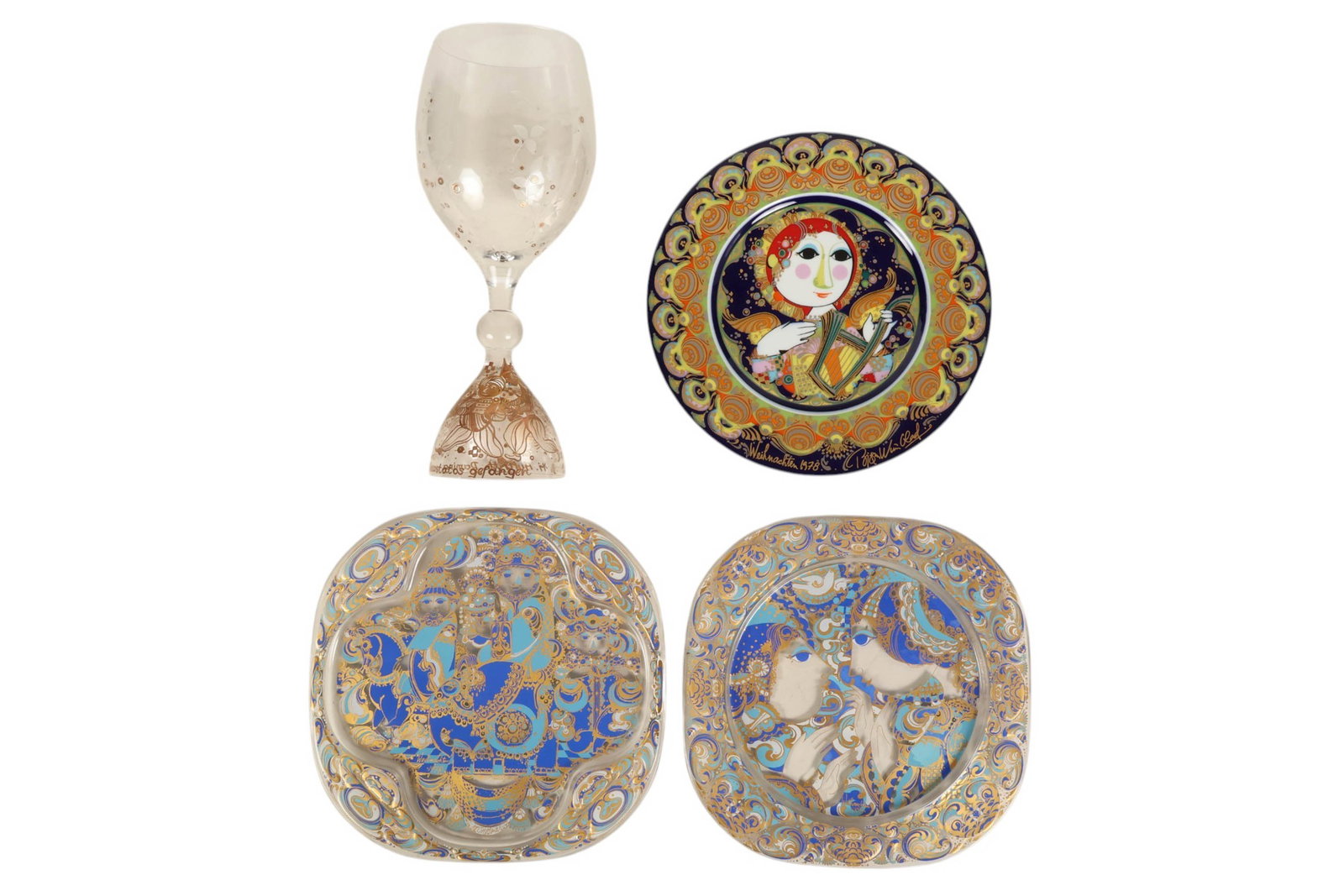 Bjorn Wiinblad Glass & Porcelain Plate Goblet LOT: Bjorn Wiinblad (Danish, 1918-2006), mixed group of porcelain and glass decorative examples. Includes a Rosenthal Studio Line Weihnachten 1978 "Engel mit Harfe" limited edition porcelain plate with pre