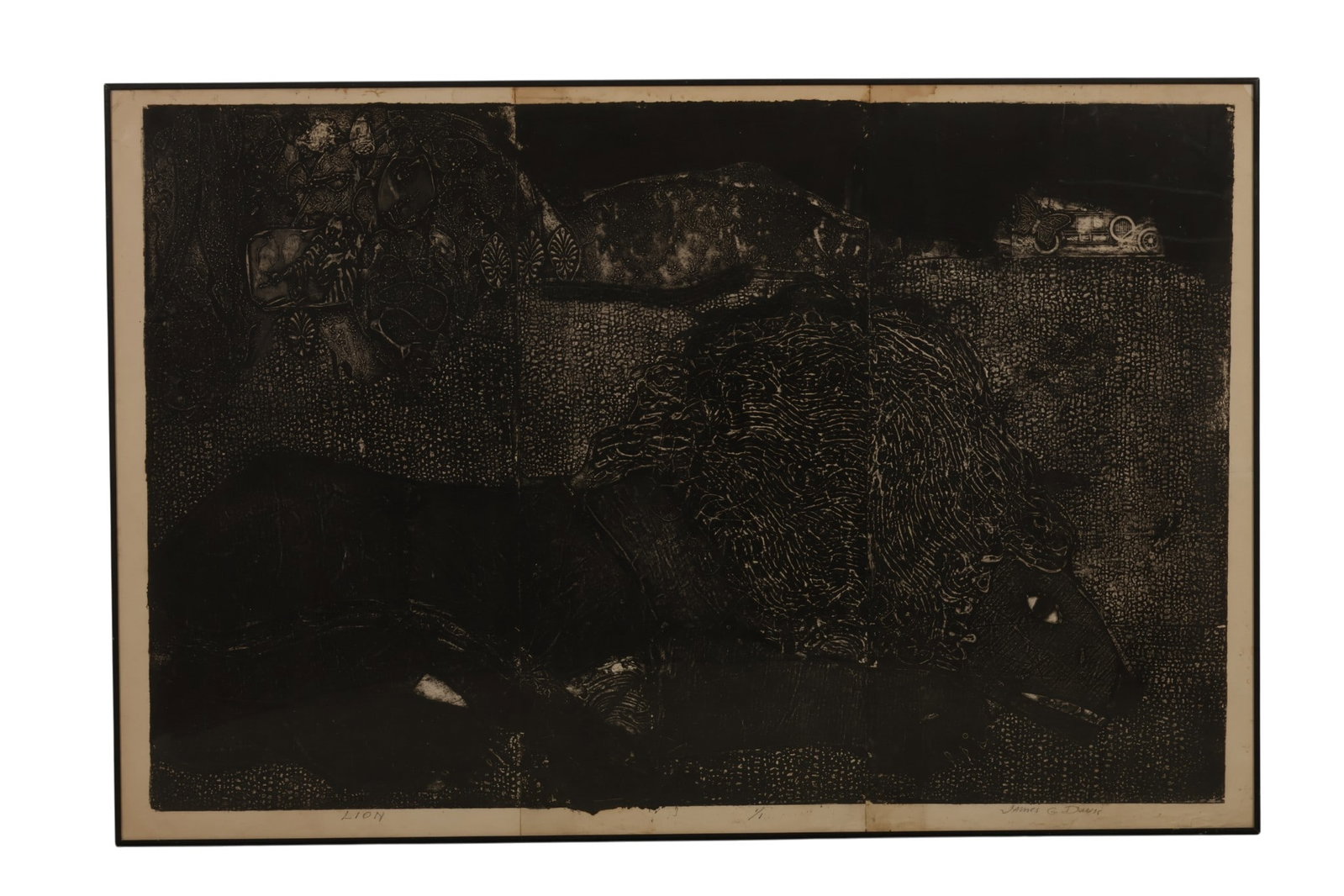 James G Davis 1931-2016 Lion Wood Block 1/1 SIGNED: James Granberry Davis (American, 1931-2016), monochrome woodblock print on paper titled Lion, depicting an abstract reclining lion rendered in a highly textured and intricate composition. The scene in