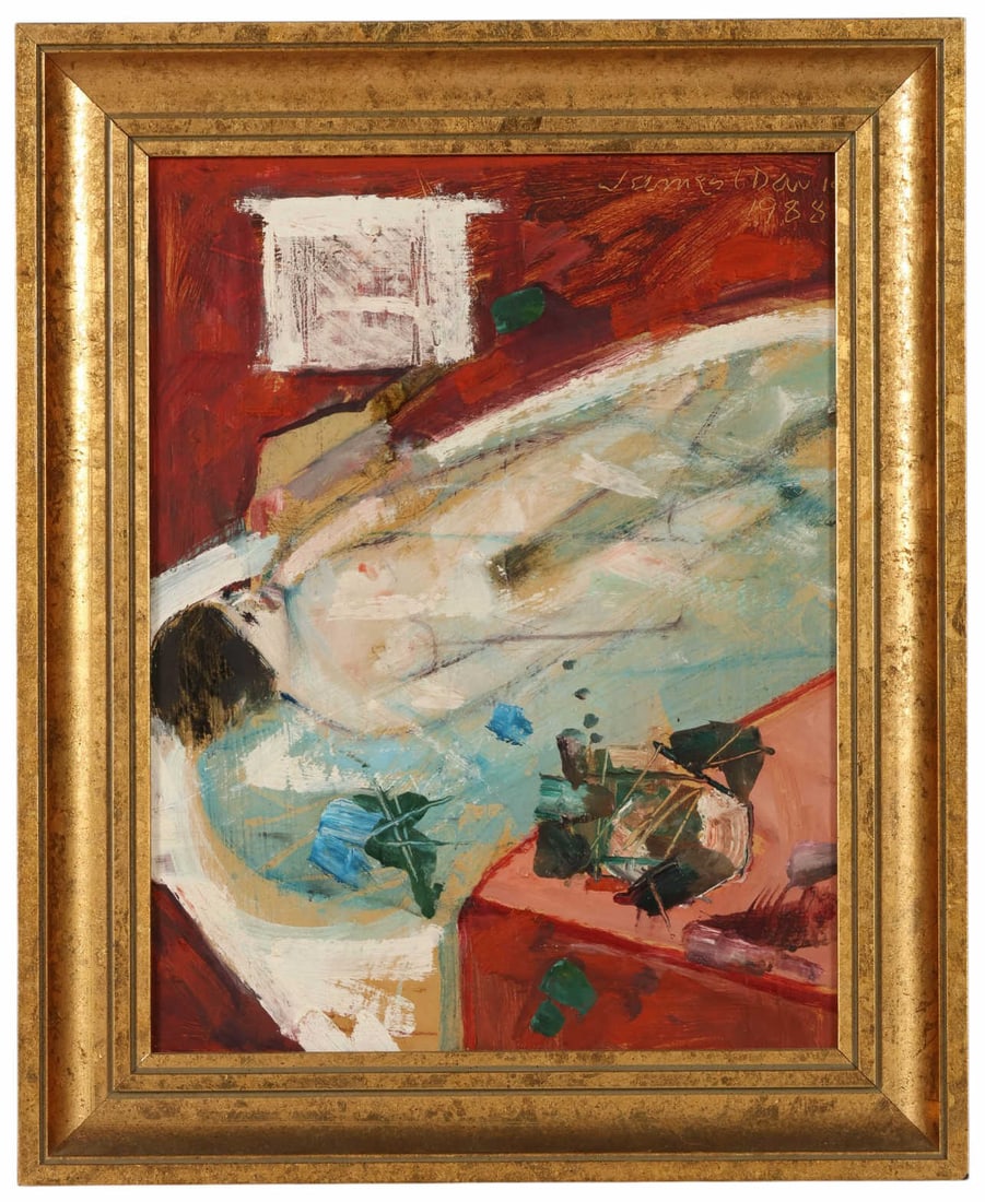 James G Davis 1931-2016 Abstract Nude Oil Painting: James Granberry Davis (American, 1931-2016), oil on board depicting a reclining nude female figure rendered in expressive brushwork, set against a warm-toned abstract interior, with loose painterly ap