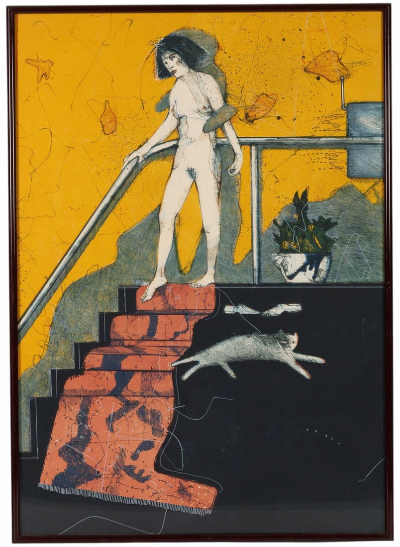 James G Davis 1931-2016 Nude Female & Cat Painting: James Granberry Davis (American, 1931-2016), graphite, ink, and paint on paper depicting an abstract nude female figure descending a staircase, set against a vivid yellow ground with expressive linear
