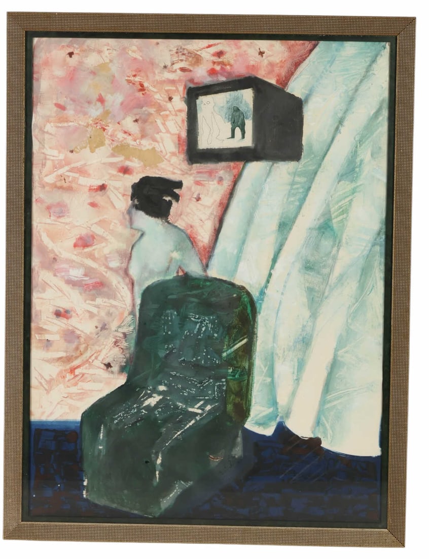 James G Davis 1931-2016 Nude with Bigfoot Painting: James Granberry Davis (American, 1931-2016), acrylic on paper abstract composition depicting a stylized interior scene with a nude female figure partially obscured by a green chair, beneath a televisi