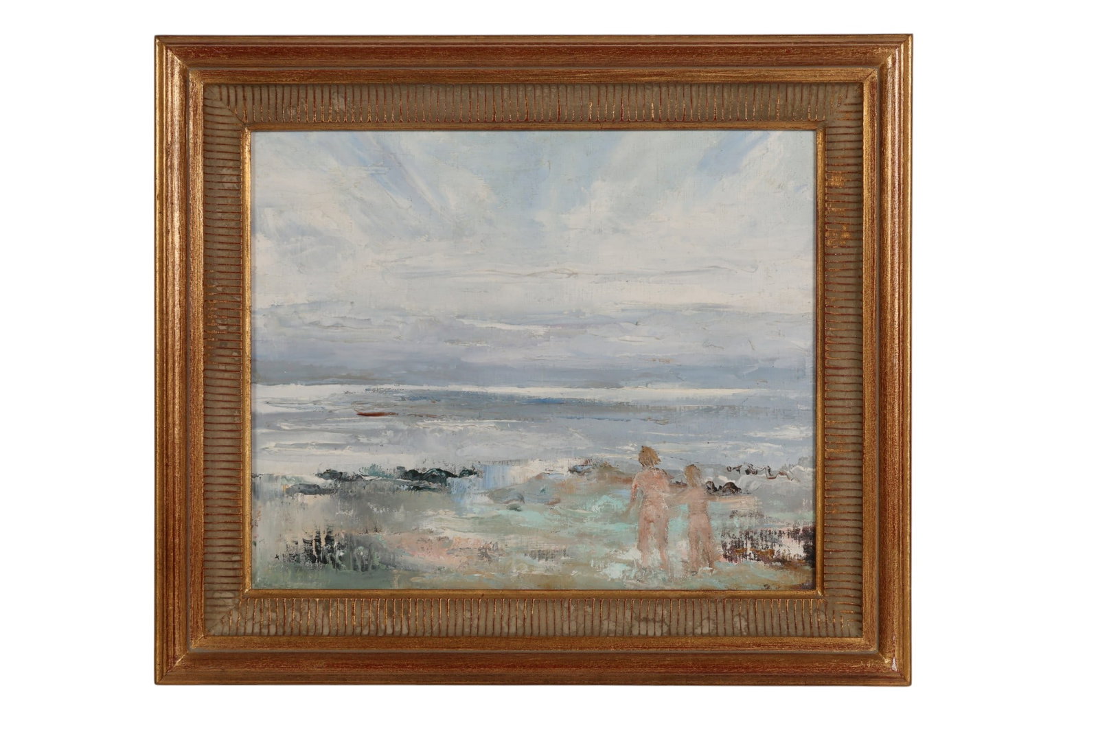 Cecil Higgs 1898-1986 Nudes on The Beach Painting: Cecil Higgs (South African-English, 1898-1986), oil on board Impressionist coastal scene painting depicting a serene shoreline with a soft atmospheric sky and gentle surf, rendered in muted tones of b