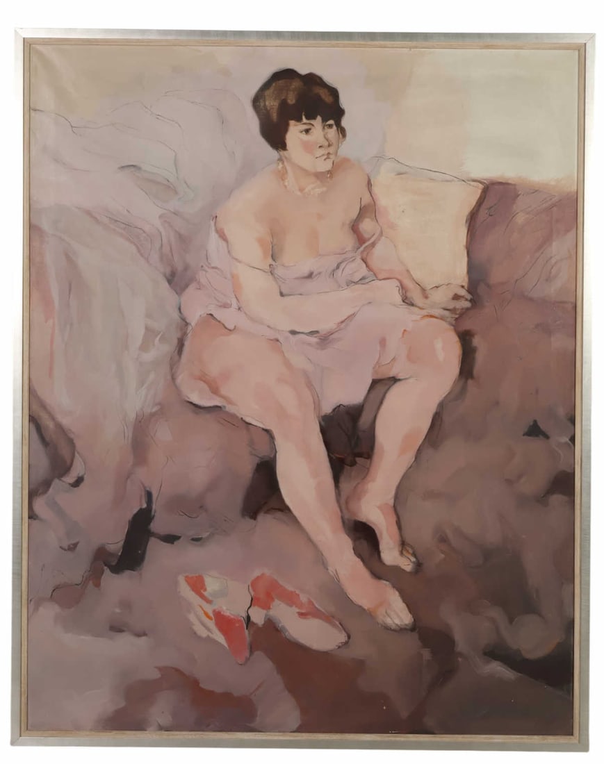 Impressionist Woman in Pink Negligee Oil Painting: Impressionist style oil on canvas depicting a seated female figure in a pink negligee resting on a sofa. The composition emphasizes soft tonal transitions and loose, expressive brushwork, with the fig