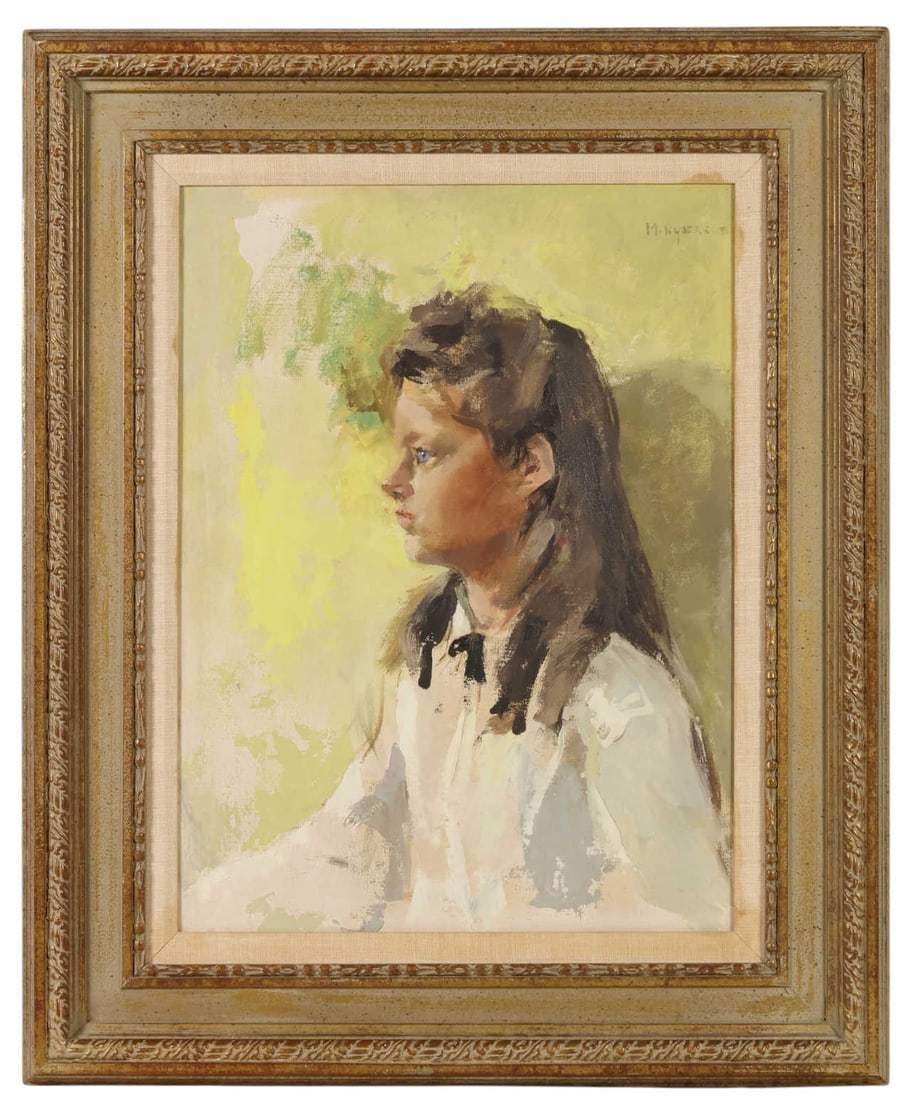 Margery Ryerson 1886-1989 Child Portrait Painting: Margery Ryerson (American, 1886-1989), an oil on board painting depicting a portrait of a young girl in profile, featuring blue eyes, dark hair, and a white blouse set against a soft abstract backgrou