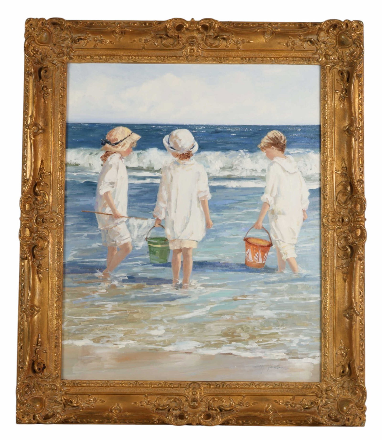 Sally Swatland (b.1946) Newport Beach Oil Painting: Sally Swatland (American, born 1946), Shell Collecting - Newport Beach, oil on canvas depicting three children wading along the shoreline, each dressed in light garments and hats while holding buckets