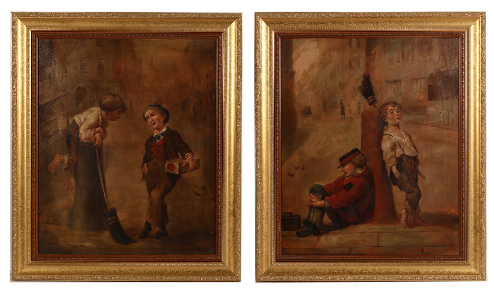 Antique European Children at Play Painting 2pc LOT: Two antique European School style paintings on canvas depicting children in street scenes, rendered in a 19th century genre style. One painting shows two boys in conversation, one holding a small box 