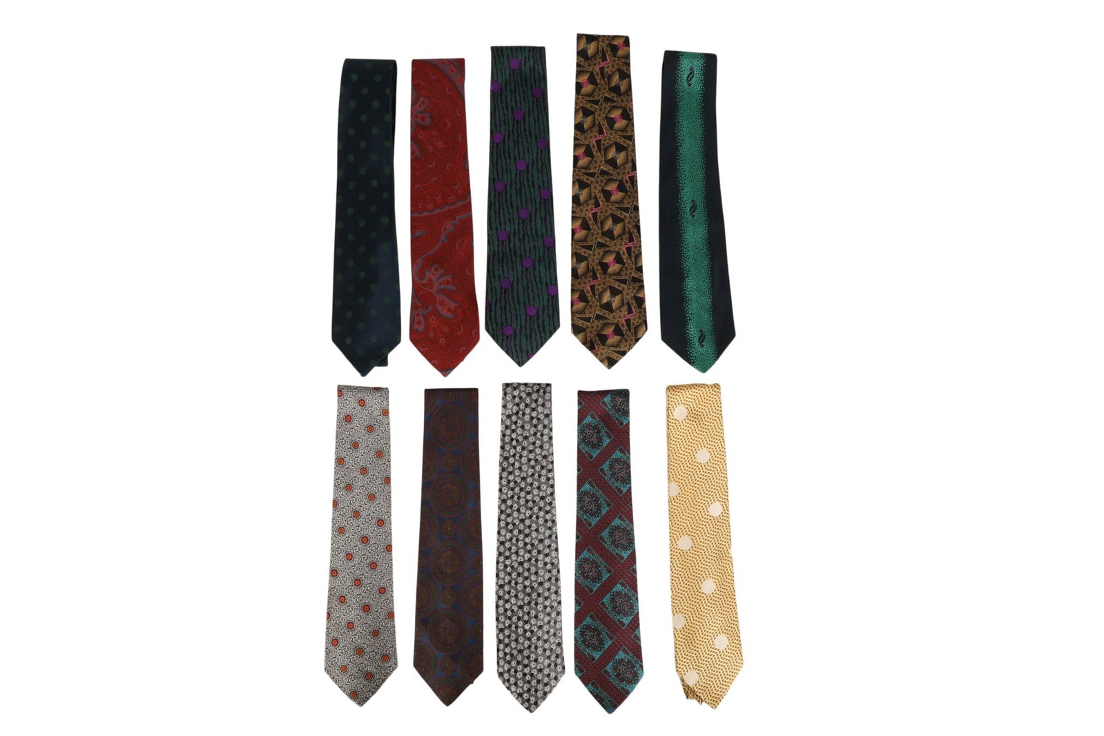 Gianni Versace Italy Designer Silk Ties 10pc. LOT: Gianni Versace, collection of luxury designer silk neckties made in Italy. Each example showcases the designer's signature bold aesthetic with richly colored geometric patterns abstract motifs polka d