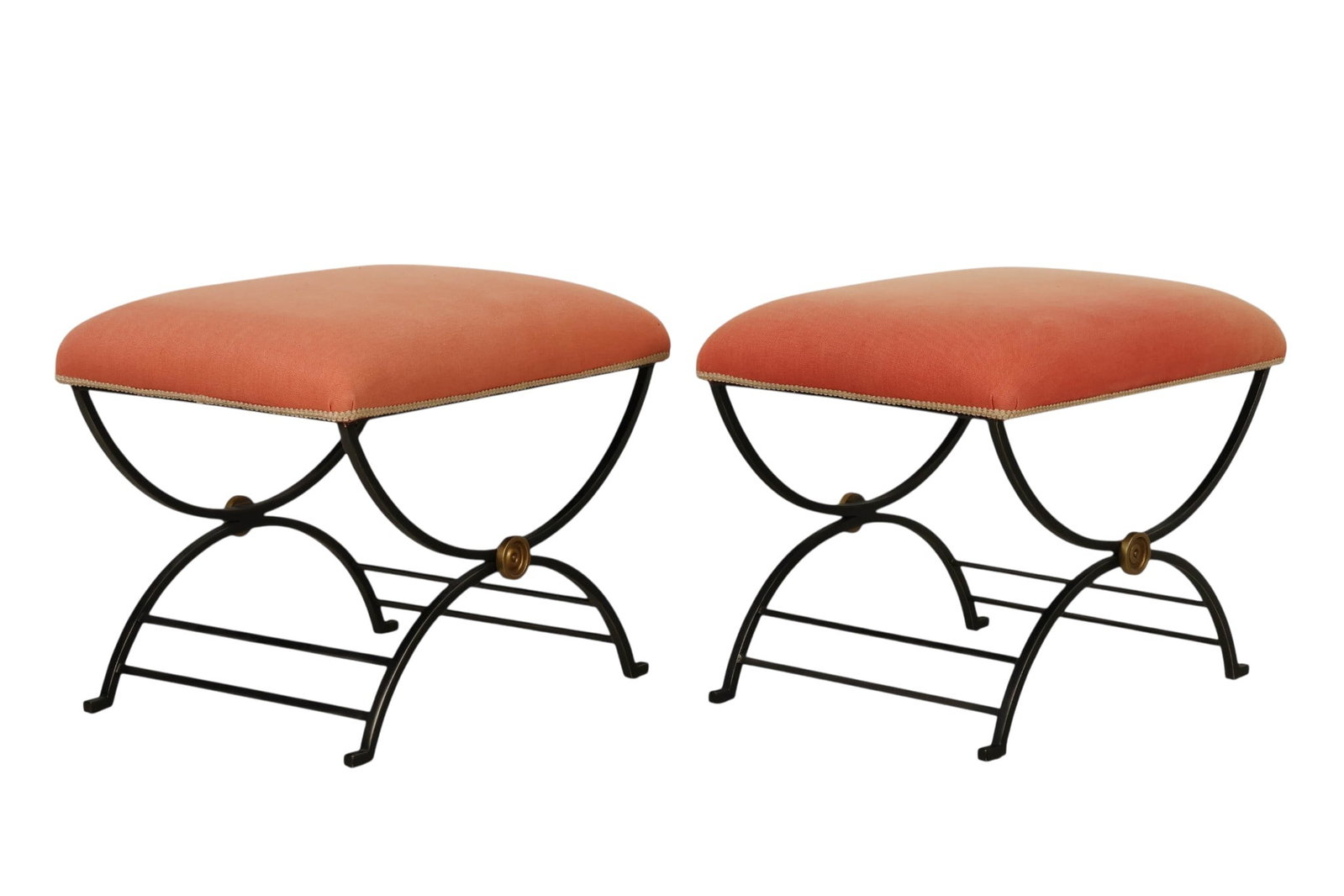 French Style Pair of Upholstered X Frame Benches (1 of 6)