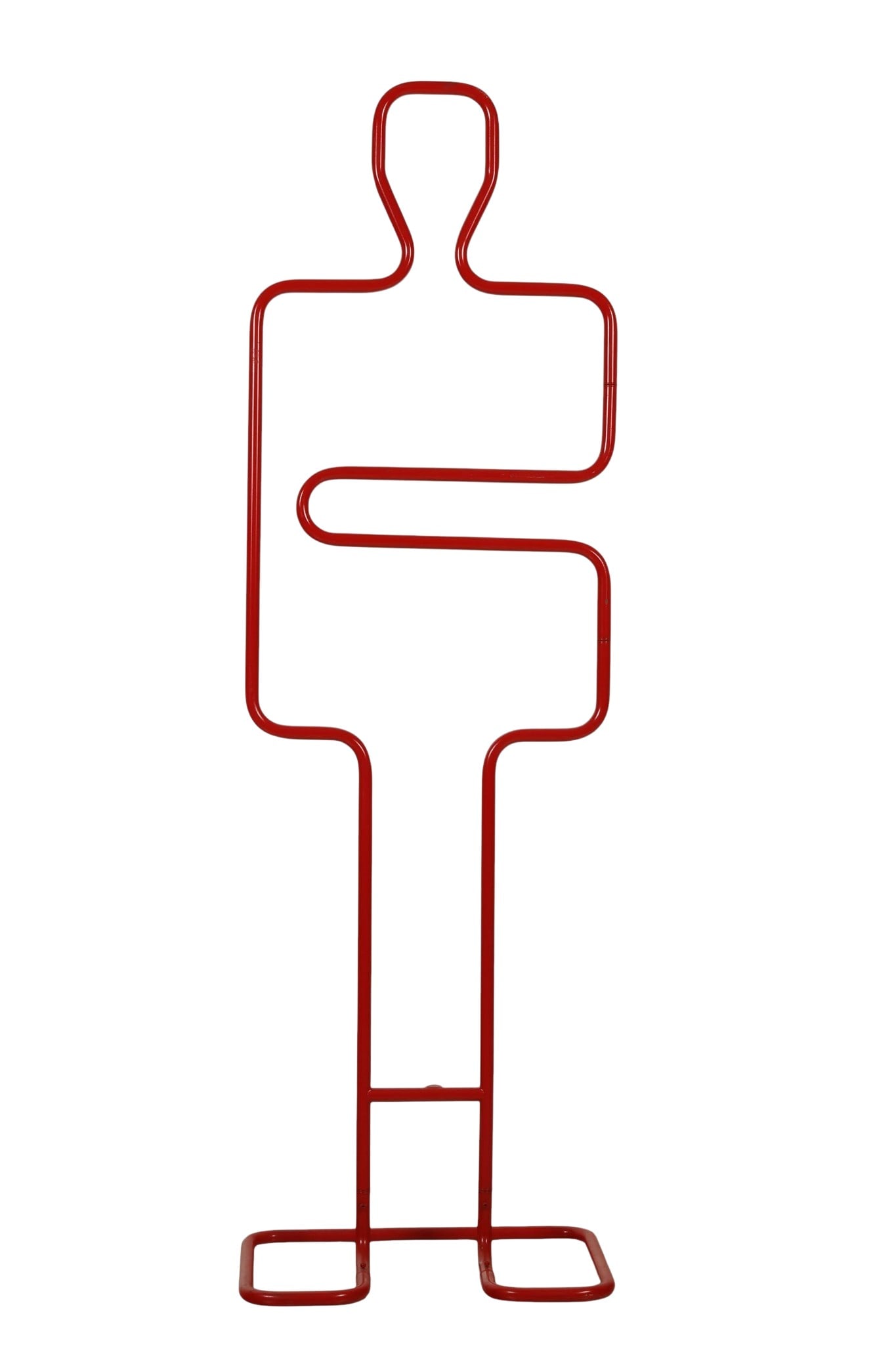 Postmodern Style Red Metal Tubular Figural Valet: Postmodern style red powder-coated tubular metal figural valet stand designed in the form of a stylized human silhouette, often associated with late 20th century Memphis-inspired design aesthetics and